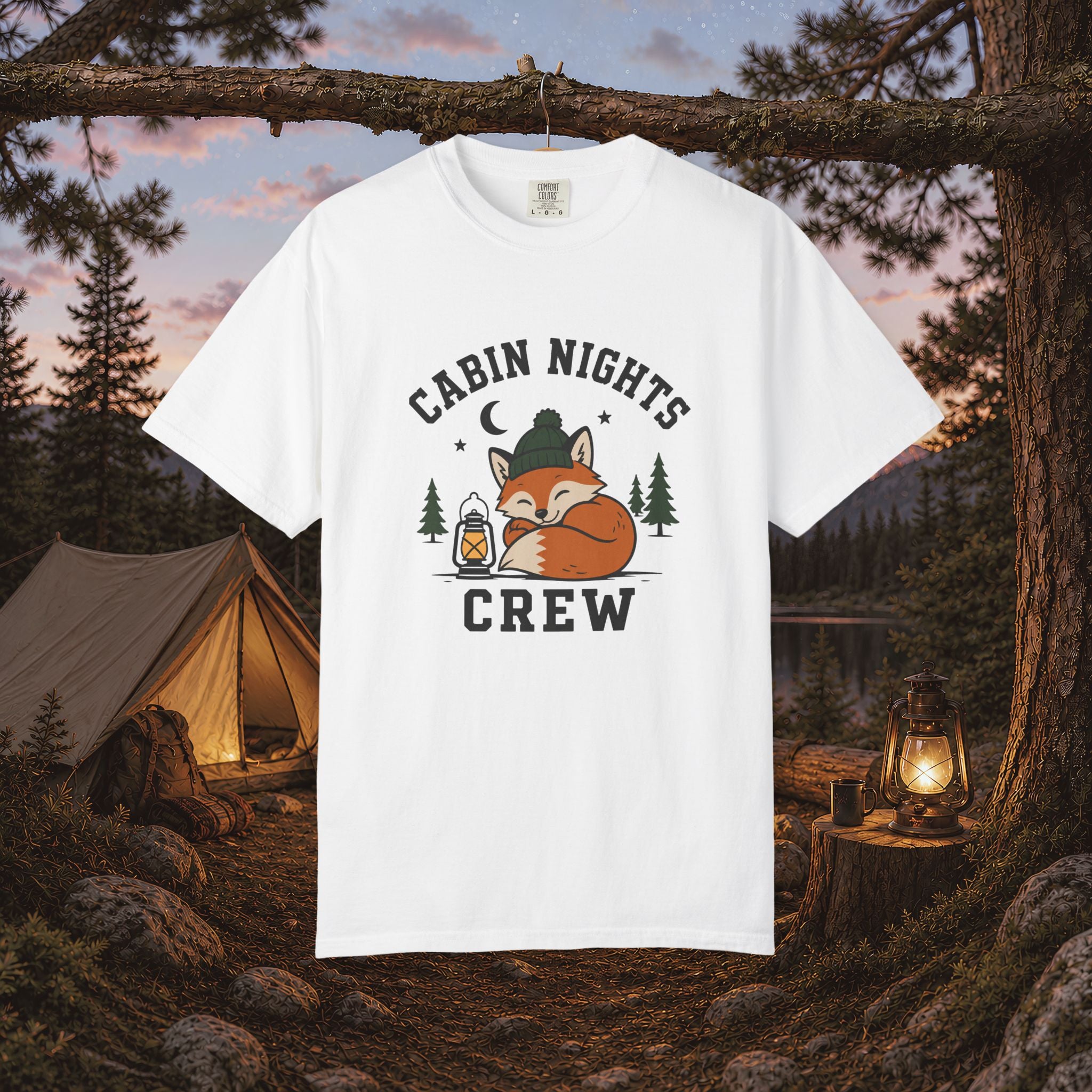 Cabin Nights Crew T-Shirt — Cozy Fox Camping Tee