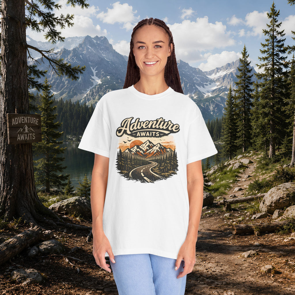 Adventure Awaits T-Shirt — Scenic Mountain Road Graphic Tee