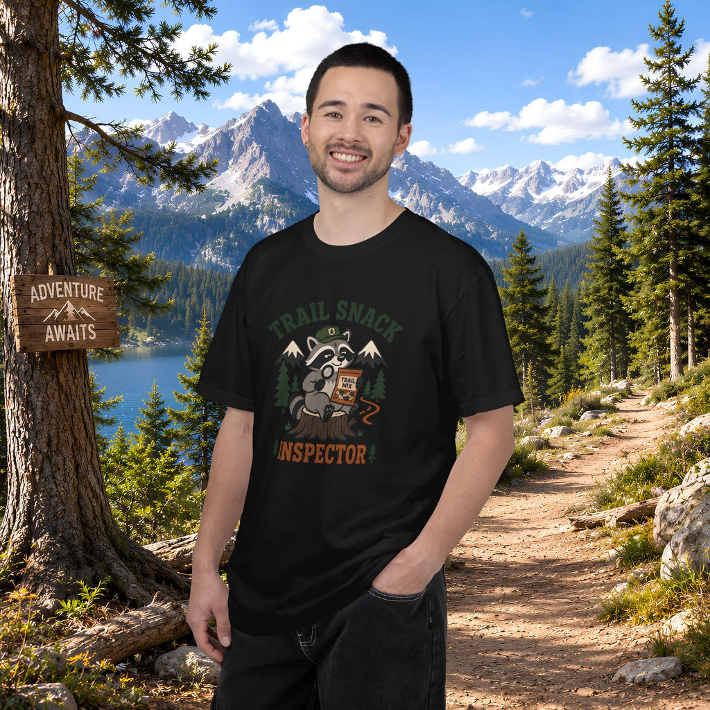 Trail Snack Inspector T-Shirt — Cute Raccoon Hiking Graphic Tee for Outdoor Lovers