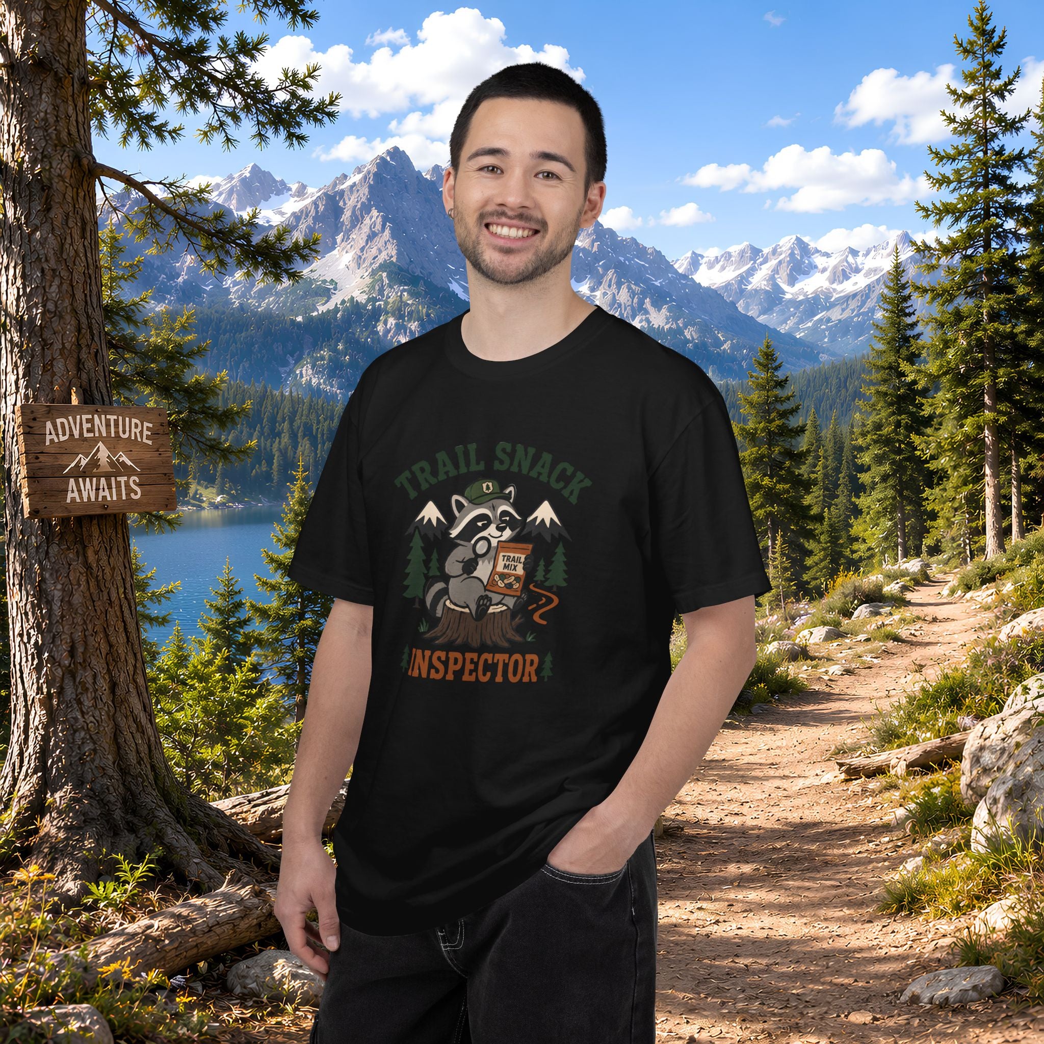 Trail Snack Inspector T-Shirt — Cute Raccoon Hiking Graphic Tee for Outdoor Lovers
