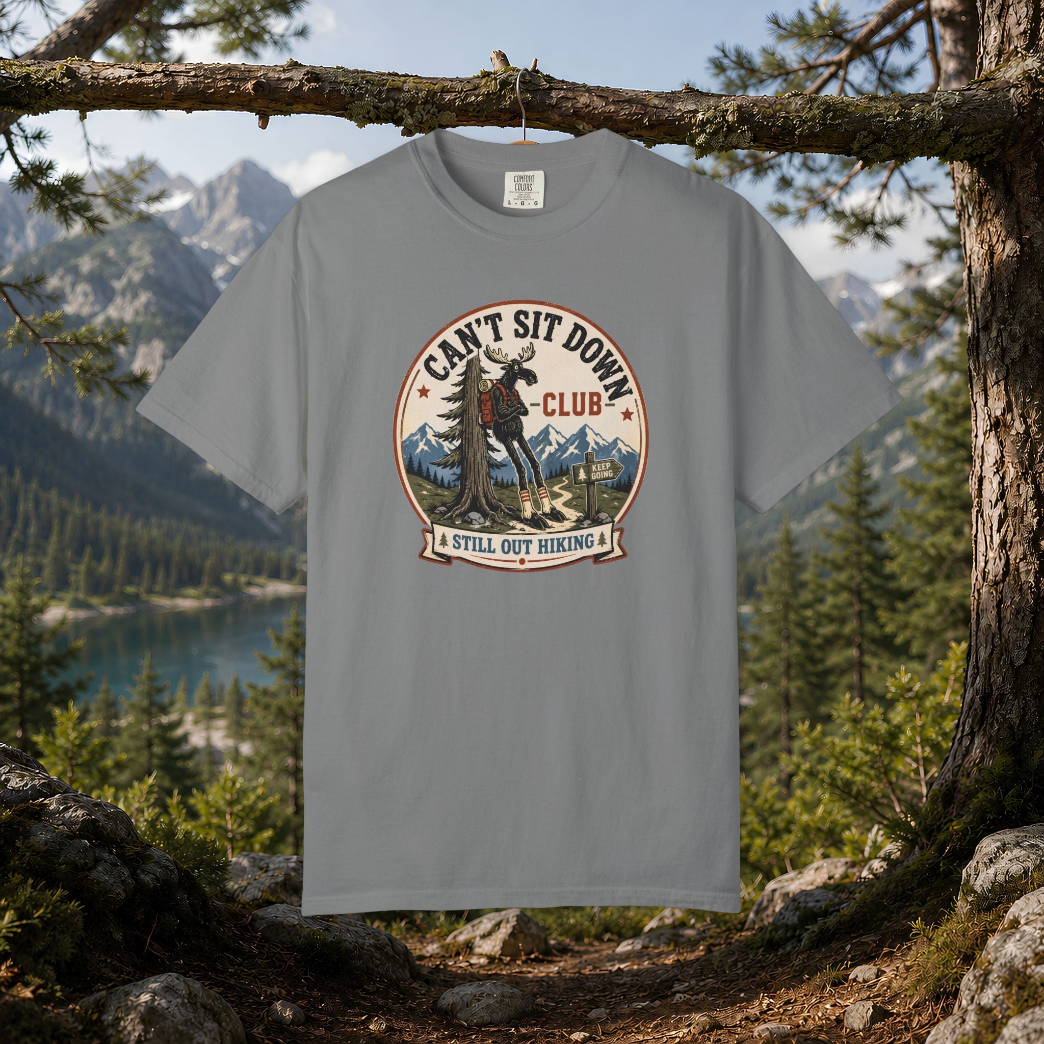 Hugag Hiking Tee — "Can't Sit Down Club" Vintage Mountain Cryptid Shirt