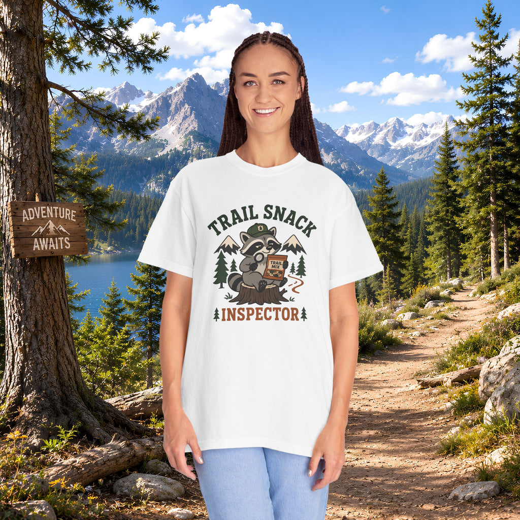 Trail Snack Inspector T-Shirt — Cute Raccoon Hiking Graphic Tee for Outdoor Lovers