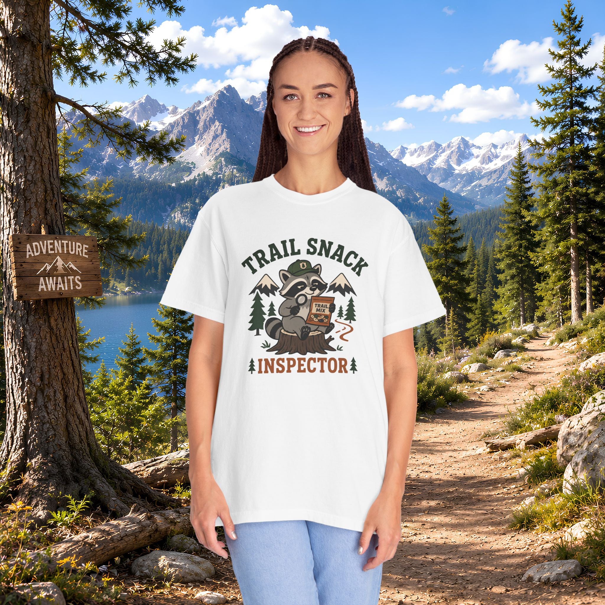 Trail Snack Inspector T-Shirt — Cute Raccoon Hiking Graphic Tee for Outdoor Lovers