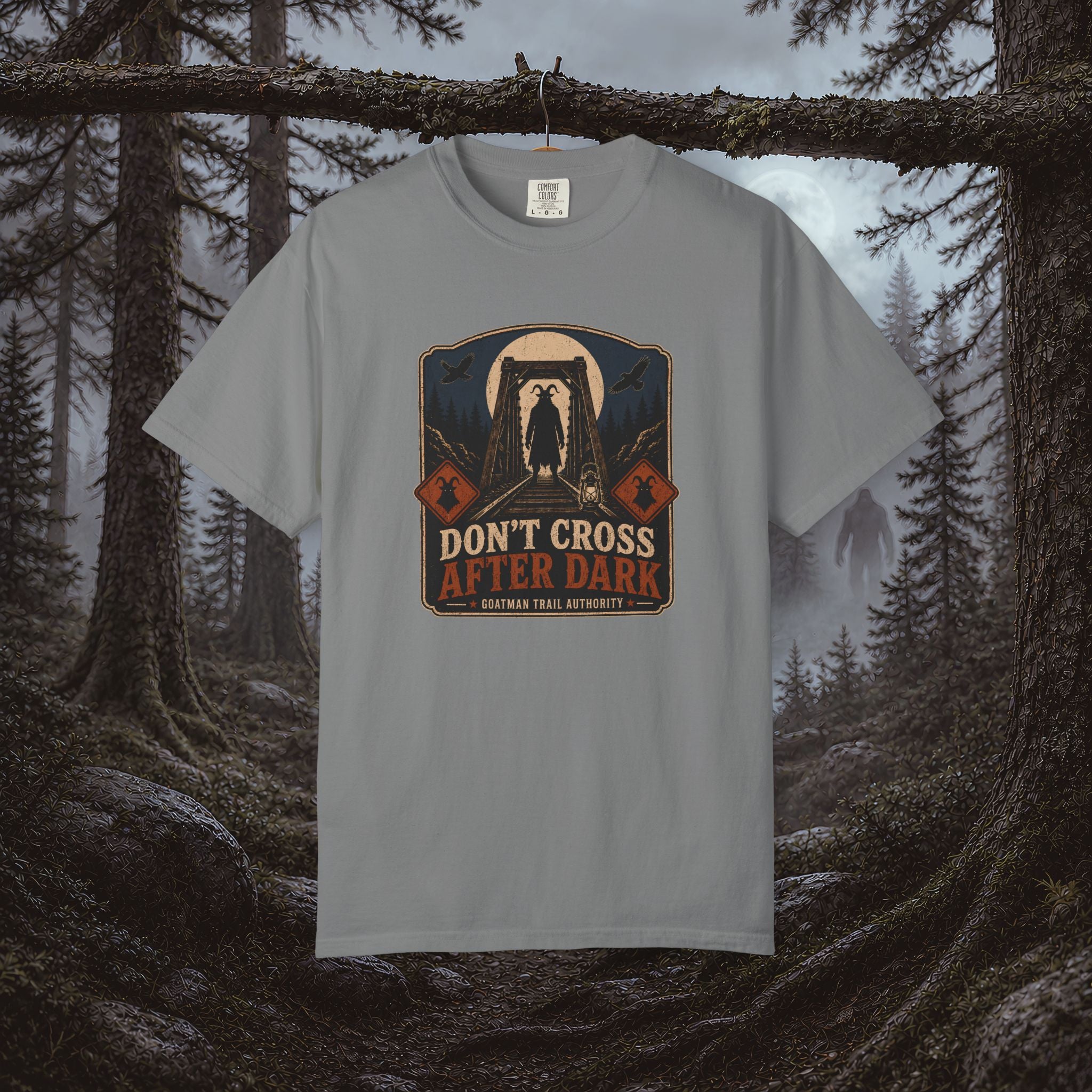 Goatman Adventure Tee — "Don’t Cross After Dark" Cryptid Graphic T-Shirt