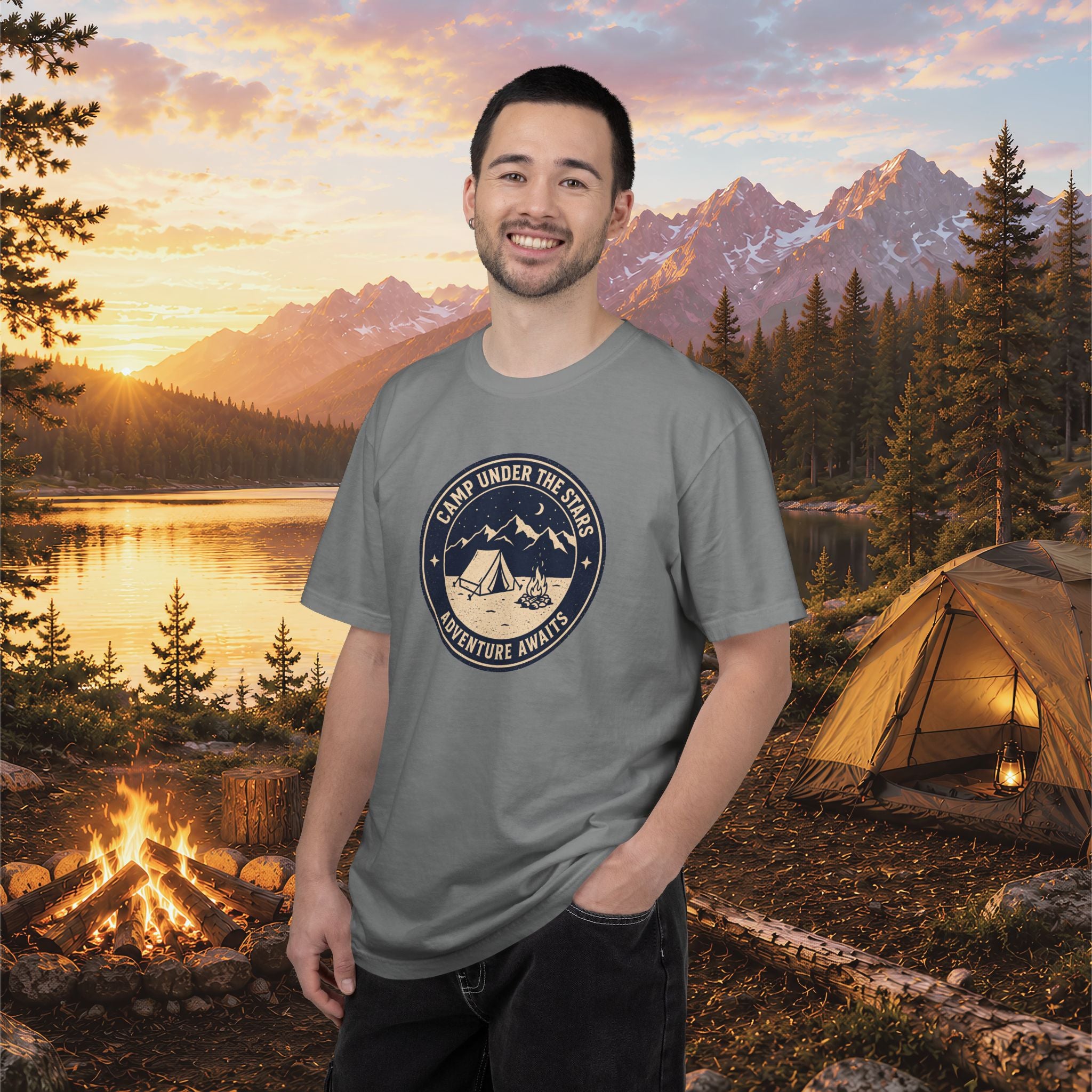 Mountain Camping Circle Art T-shirt | Tent Campfire Outdoors Tee
