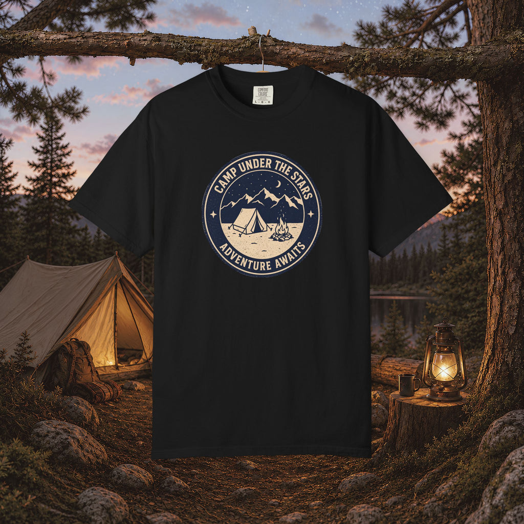 Mountain Camping Circle Art T-shirt | Tent Campfire Outdoors Tee