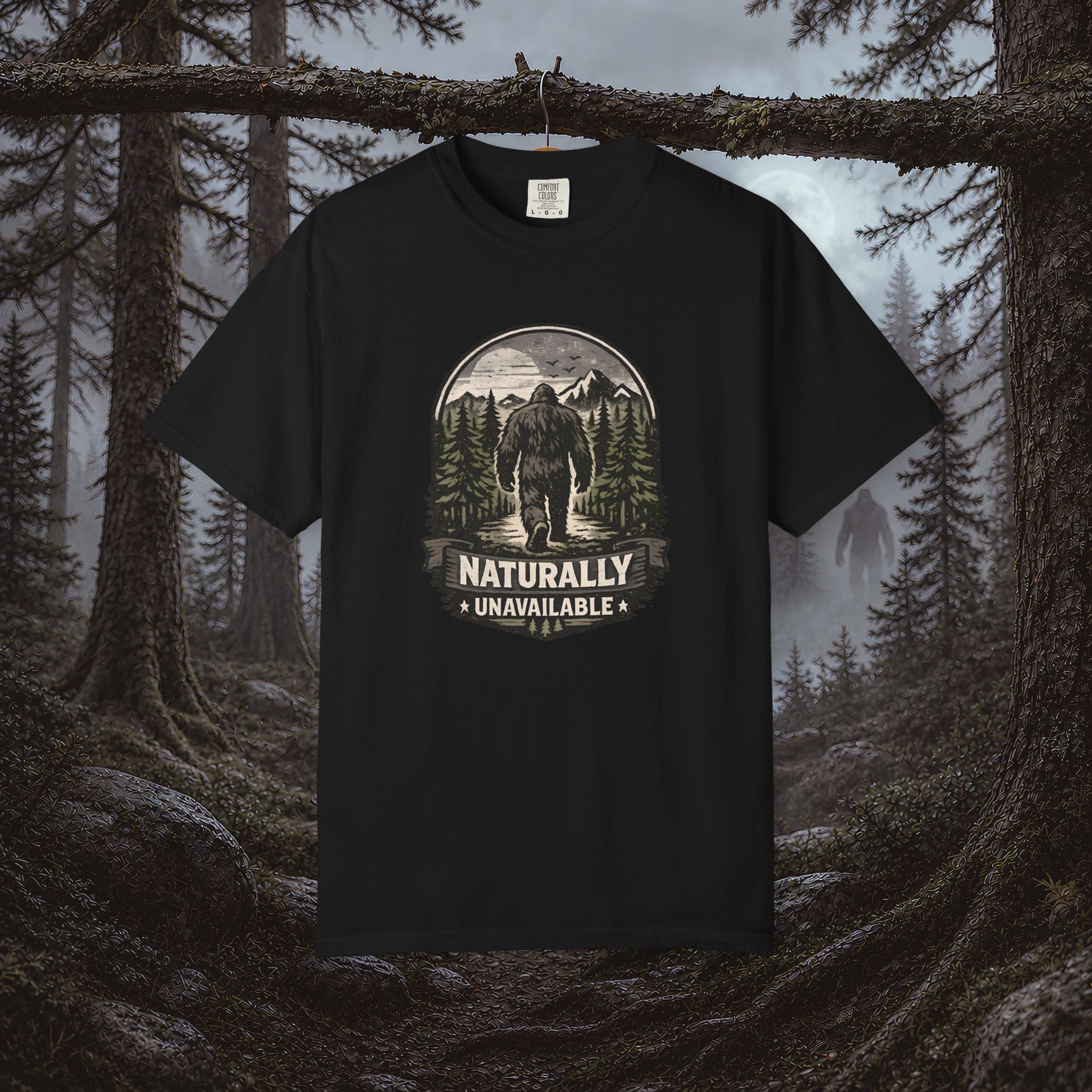 Bigfoot 'Naturally Unavailable' T-Shirt — Bigfoot Walking Into Forest Graphic