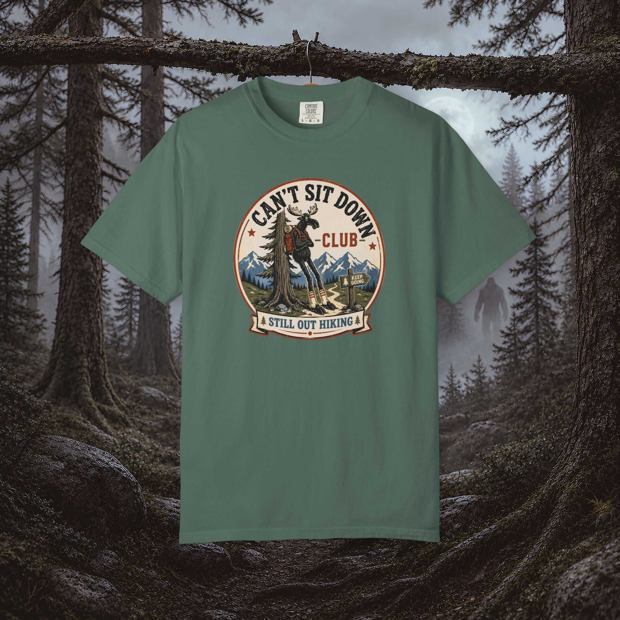 Hugag Hiking Tee — "Can't Sit Down Club" Vintage Mountain Cryptid Shirt