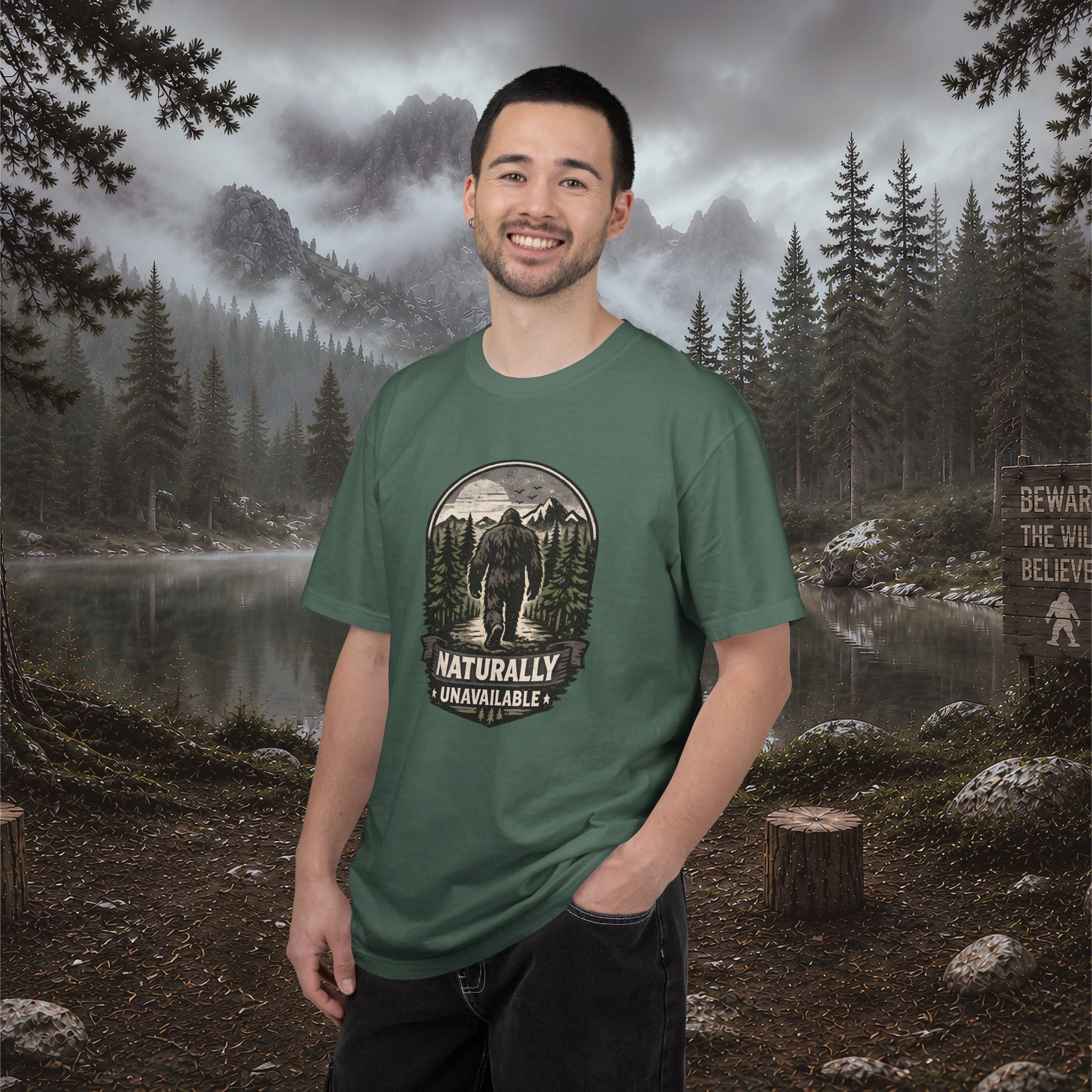 Bigfoot 'Naturally Unavailable' T-Shirt — Bigfoot Walking Into Forest Graphic