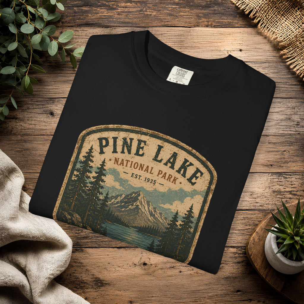 Pine Lake National Park Badge T-Shirt | Mountain Lake Forest Graphic