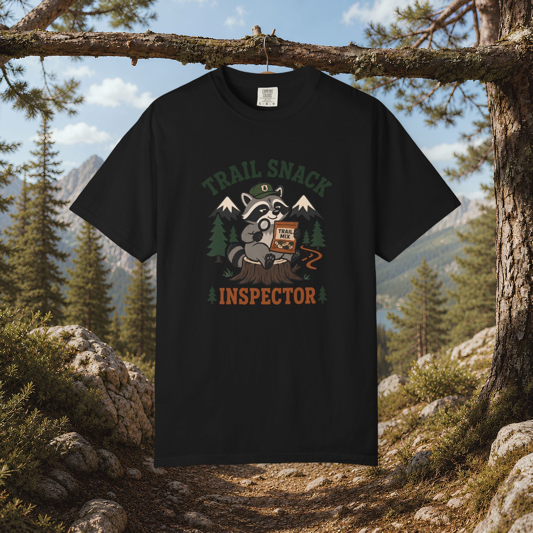 Trail Snack Inspector T-Shirt — Cute Raccoon Hiking Graphic Tee for Outdoor Lovers