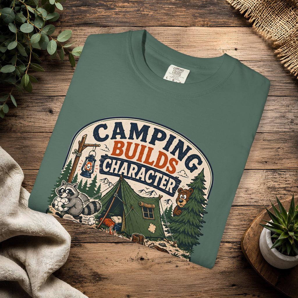 Camping Builds Character T-Shirt — Vintage Tent, Forest & Campfire Outdoor Tee