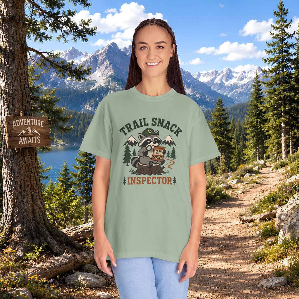 Trail Snack Inspector T-Shirt — Cute Raccoon Hiking Graphic Tee for Outdoor Lovers