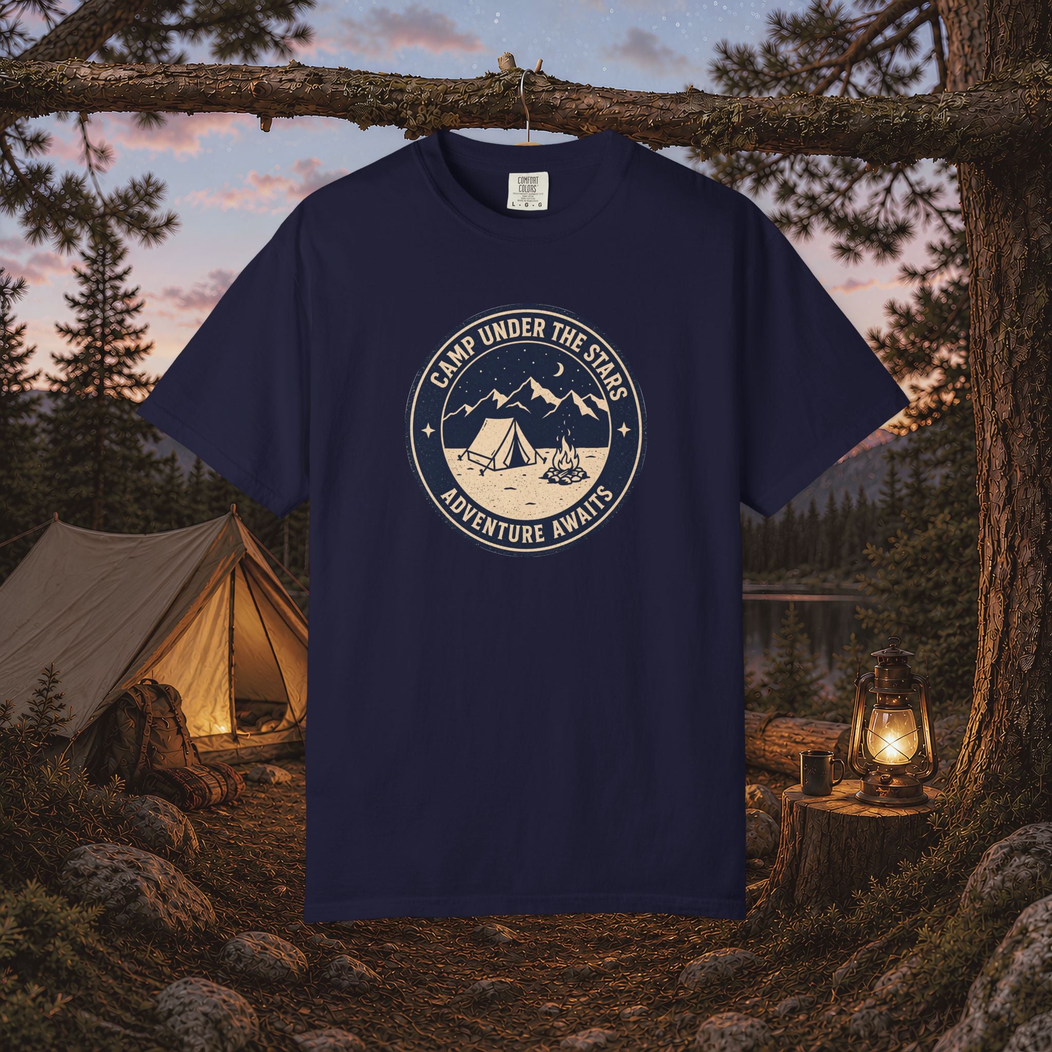 Mountain Camping Circle Art T-shirt | Tent Campfire Outdoors Tee