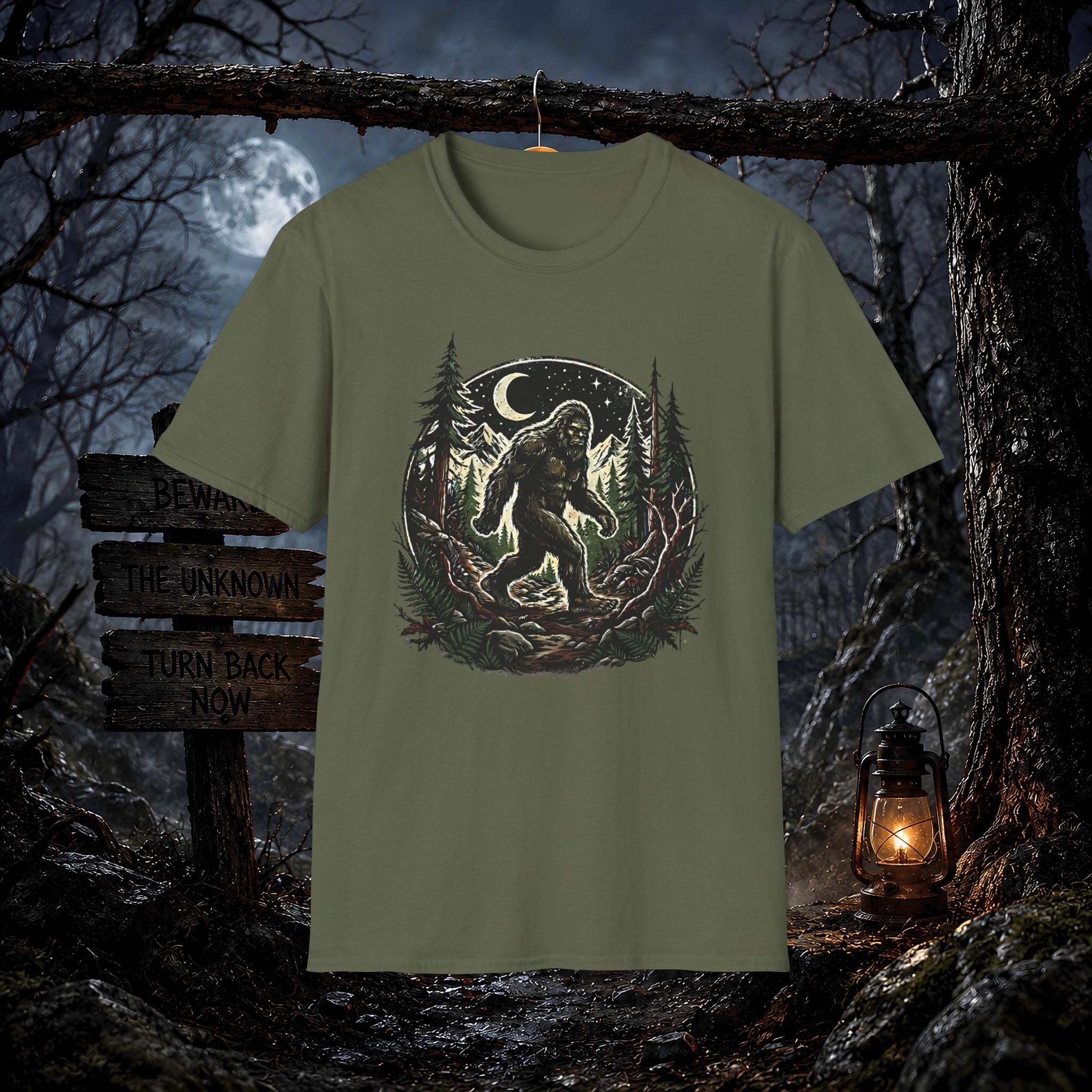 Bigfoot Forest Moon T-Shirt | Sasquatch Night Hiking Design