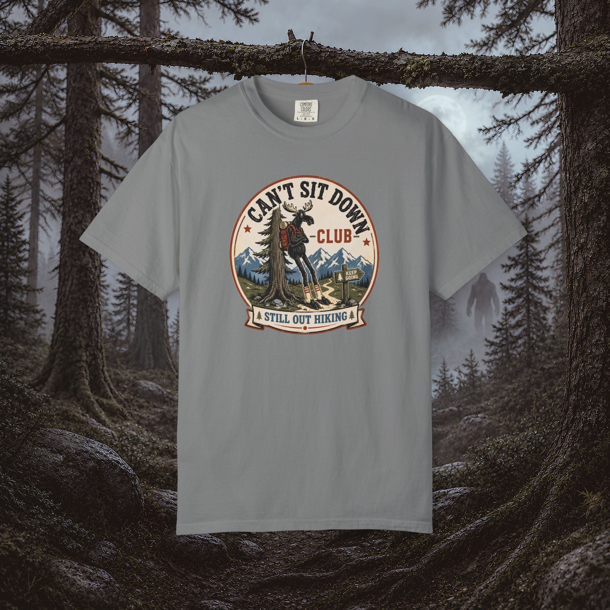 Hugag Hiking Tee — "Can't Sit Down Club" Vintage Mountain Cryptid Shirt