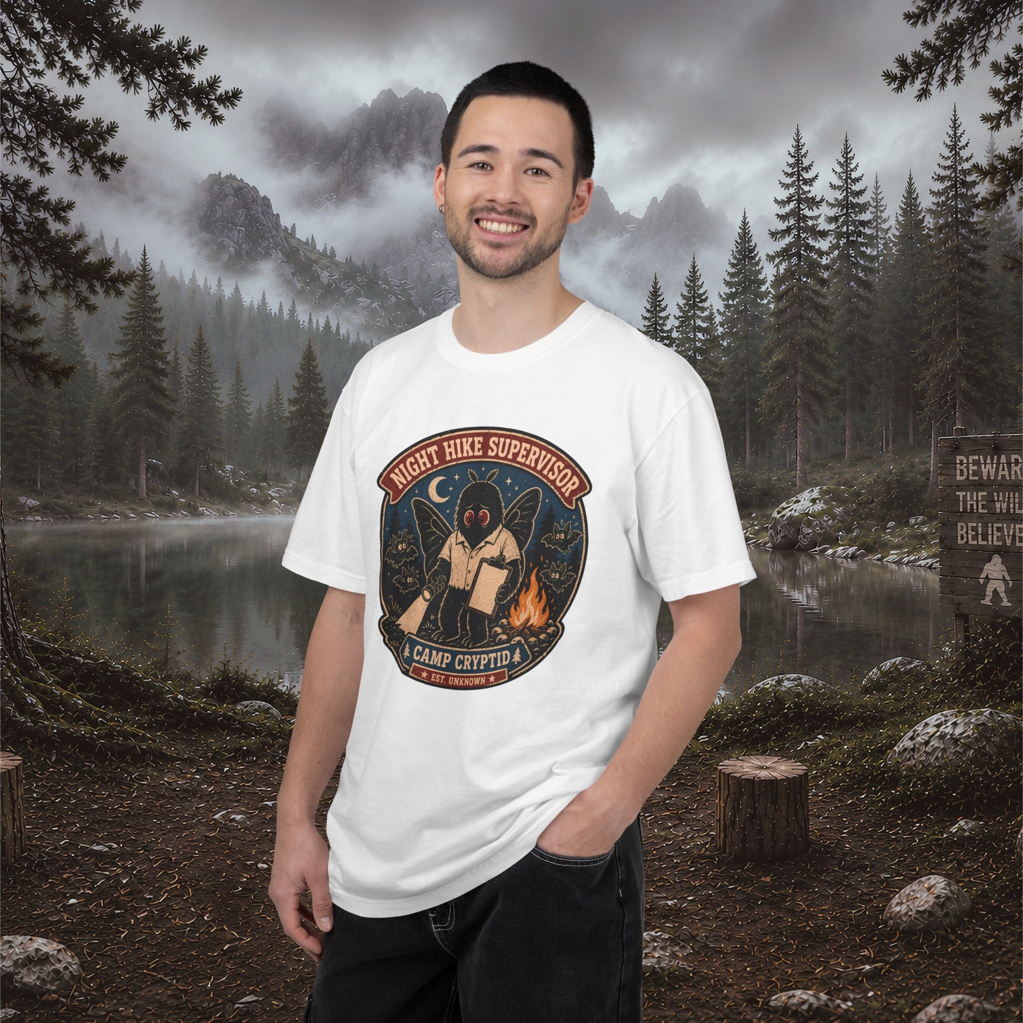 Night Hike Supervisor Mothman T‑Shirt — Camp Cryptid Retro Outdoor Badge