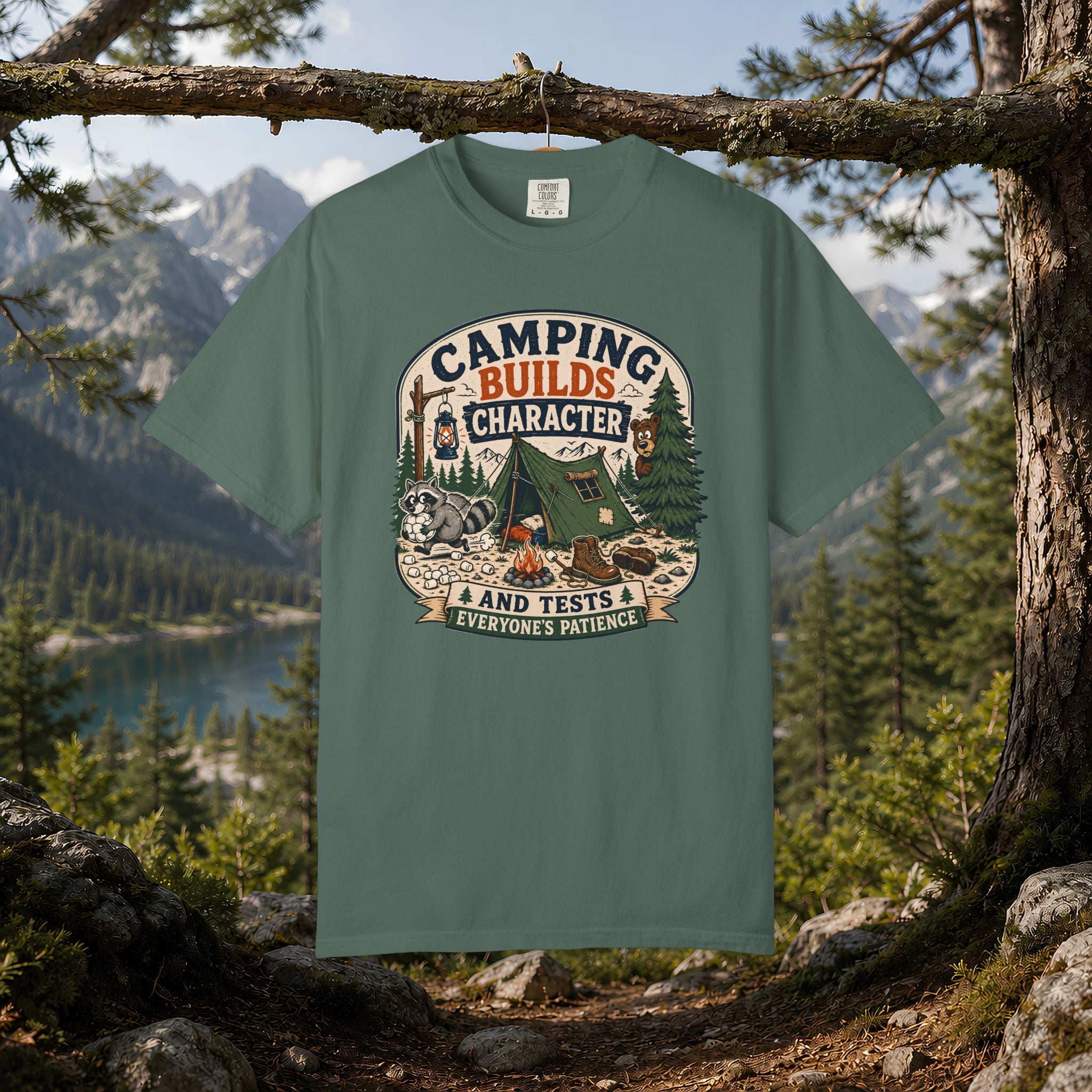 Camping Builds Character T-Shirt — Vintage Tent, Forest & Campfire Outdoor Tee