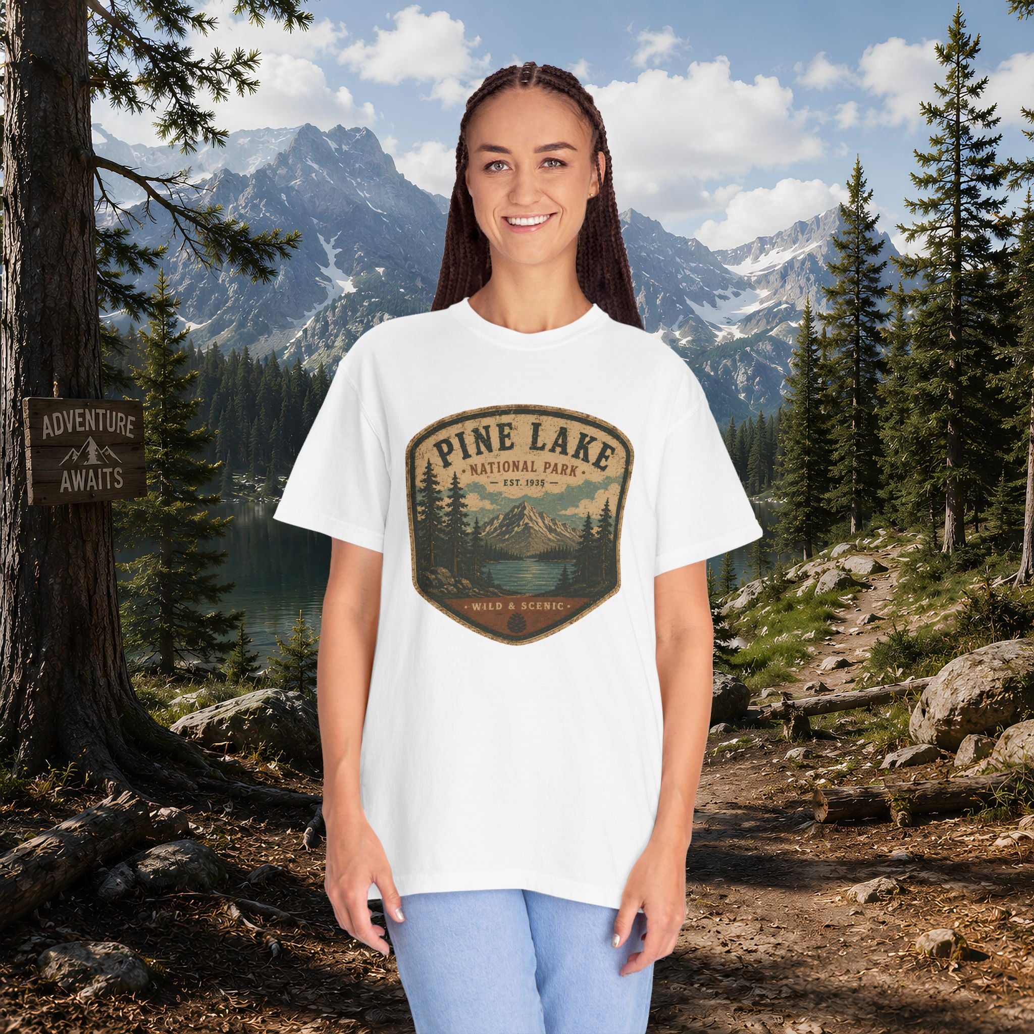 Pine Lake National Park Badge T-Shirt | Mountain Lake Forest Graphic