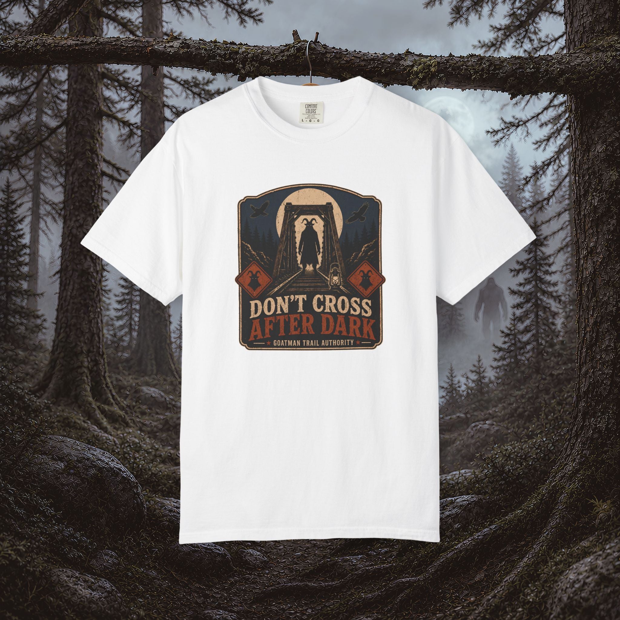 Goatman Adventure Tee — "Don’t Cross After Dark" Cryptid Graphic T-Shirt