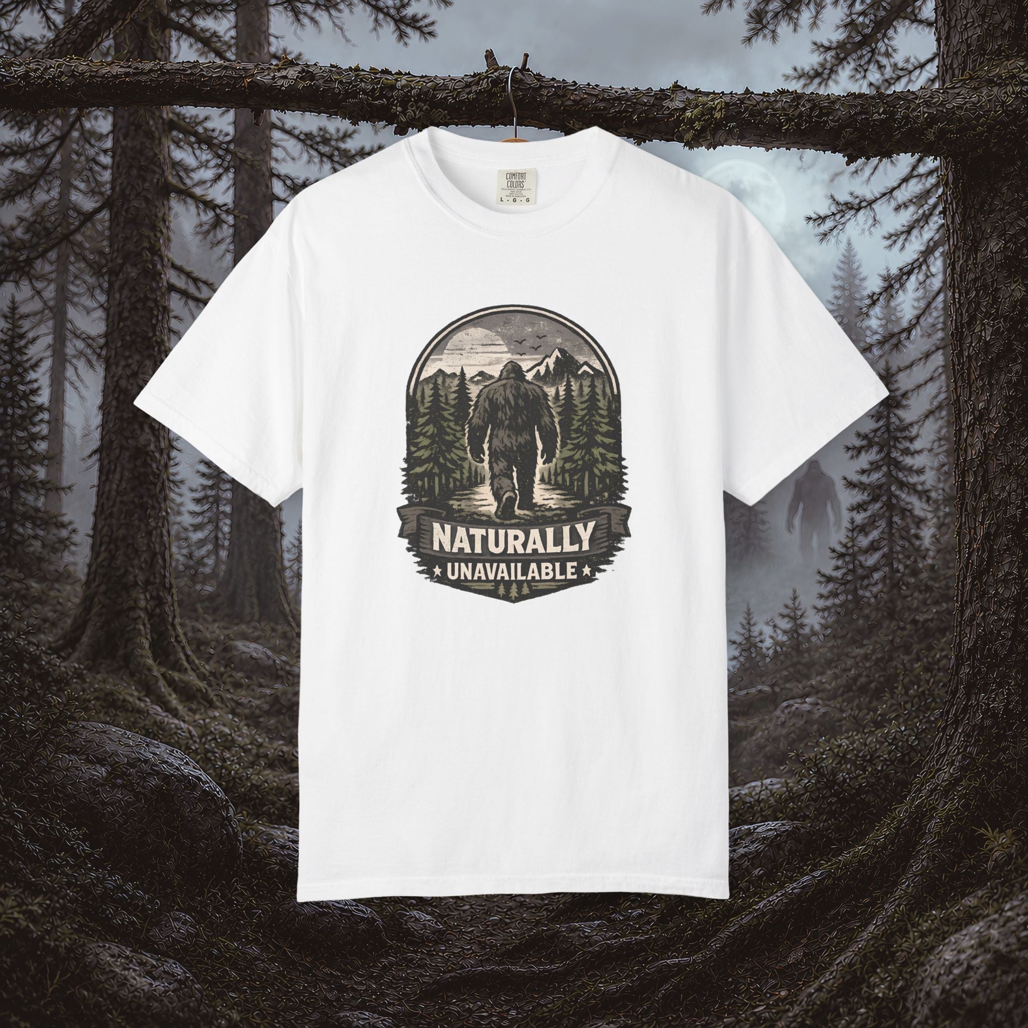 Bigfoot 'Naturally Unavailable' T-Shirt — Bigfoot Walking Into Forest Graphic