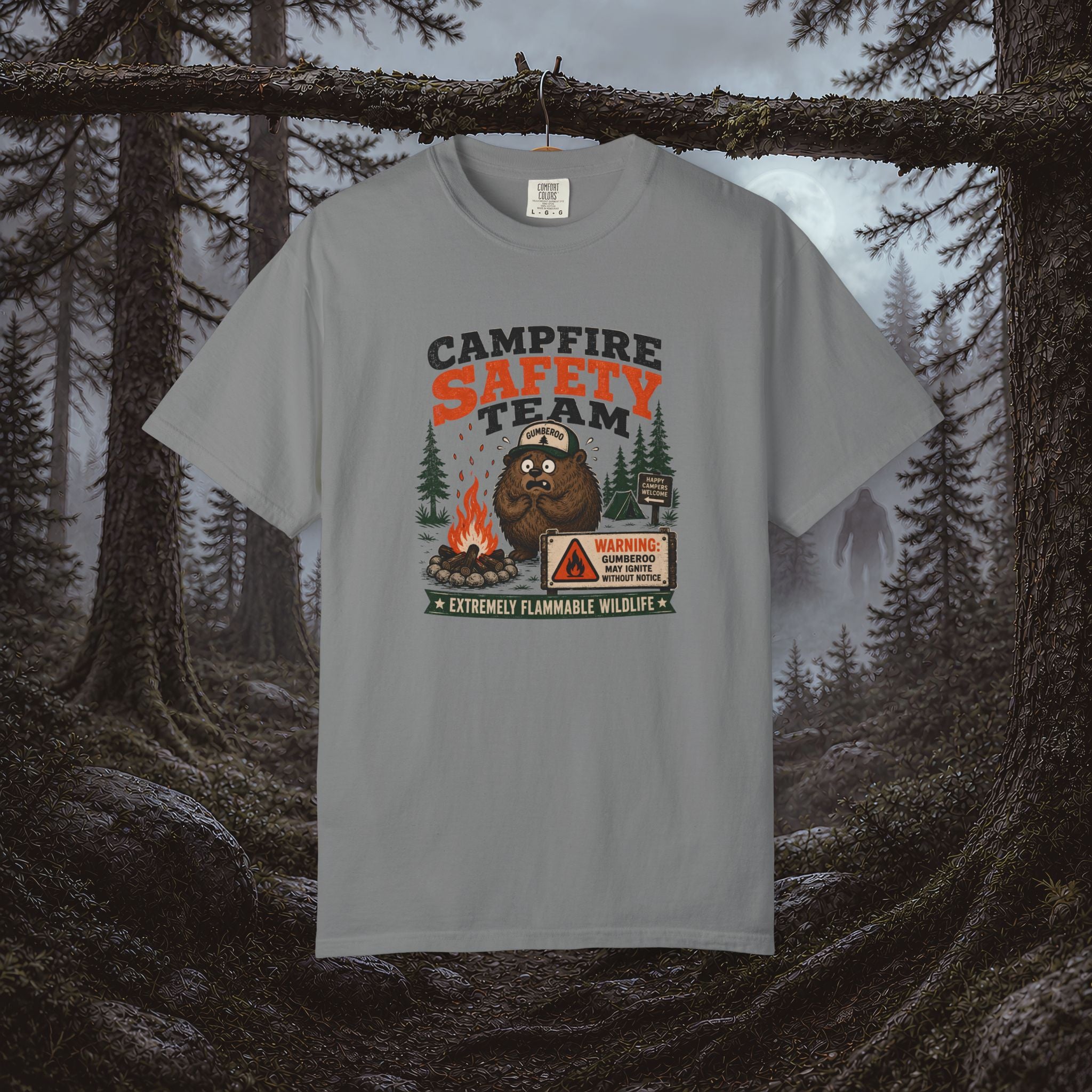 Gumberoo Campfire Safety Tee — Bear Cryptid Patch Graphic