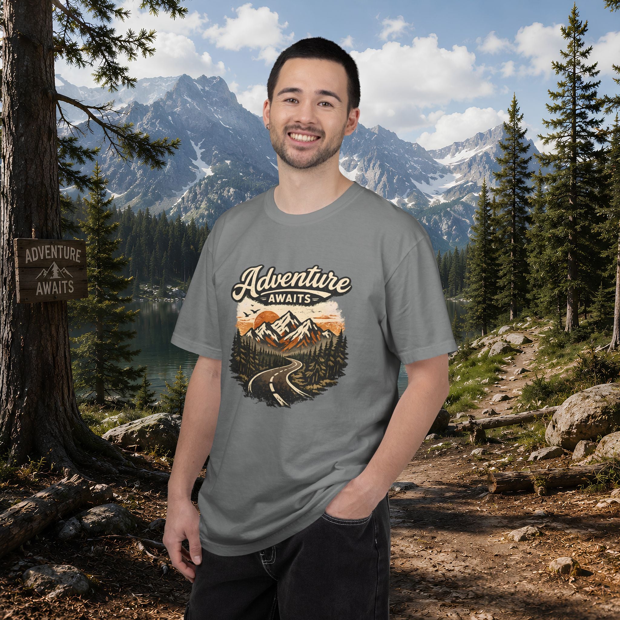 Adventure Awaits T-Shirt — Scenic Mountain Road Graphic Tee