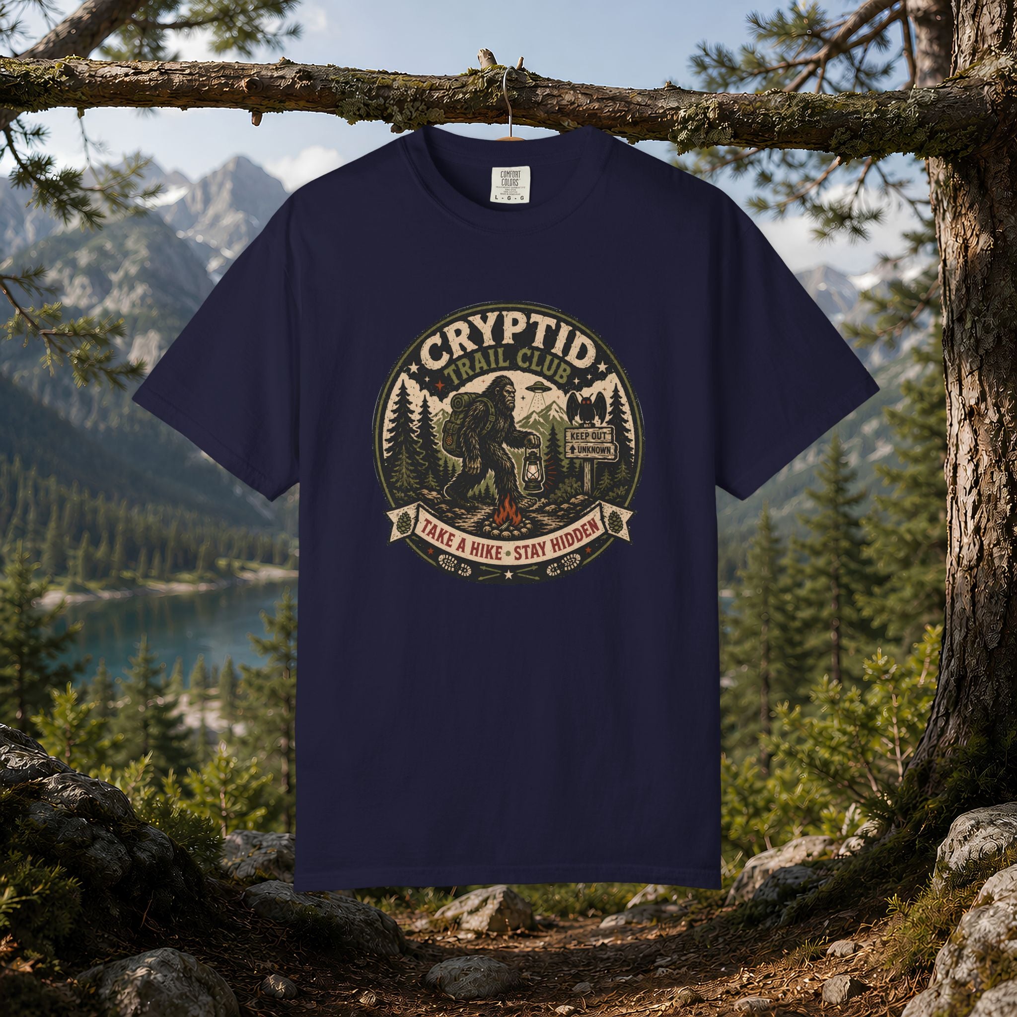 Cryptid Trail Club T-Shirt — "Take a Hike, Stay Hidden" Outdoor Sasquatch Tee
