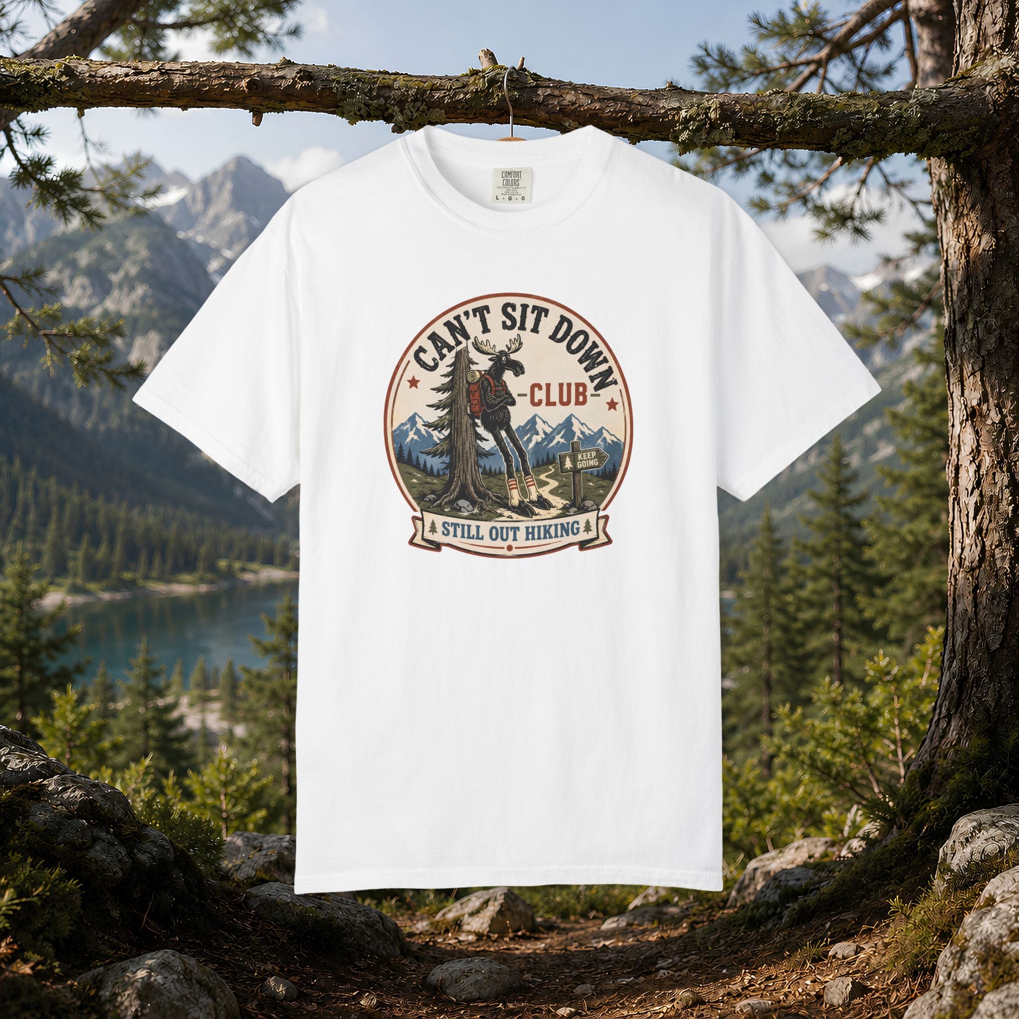 Hugag Hiking Tee — "Can't Sit Down Club" Vintage Mountain Cryptid Shirt