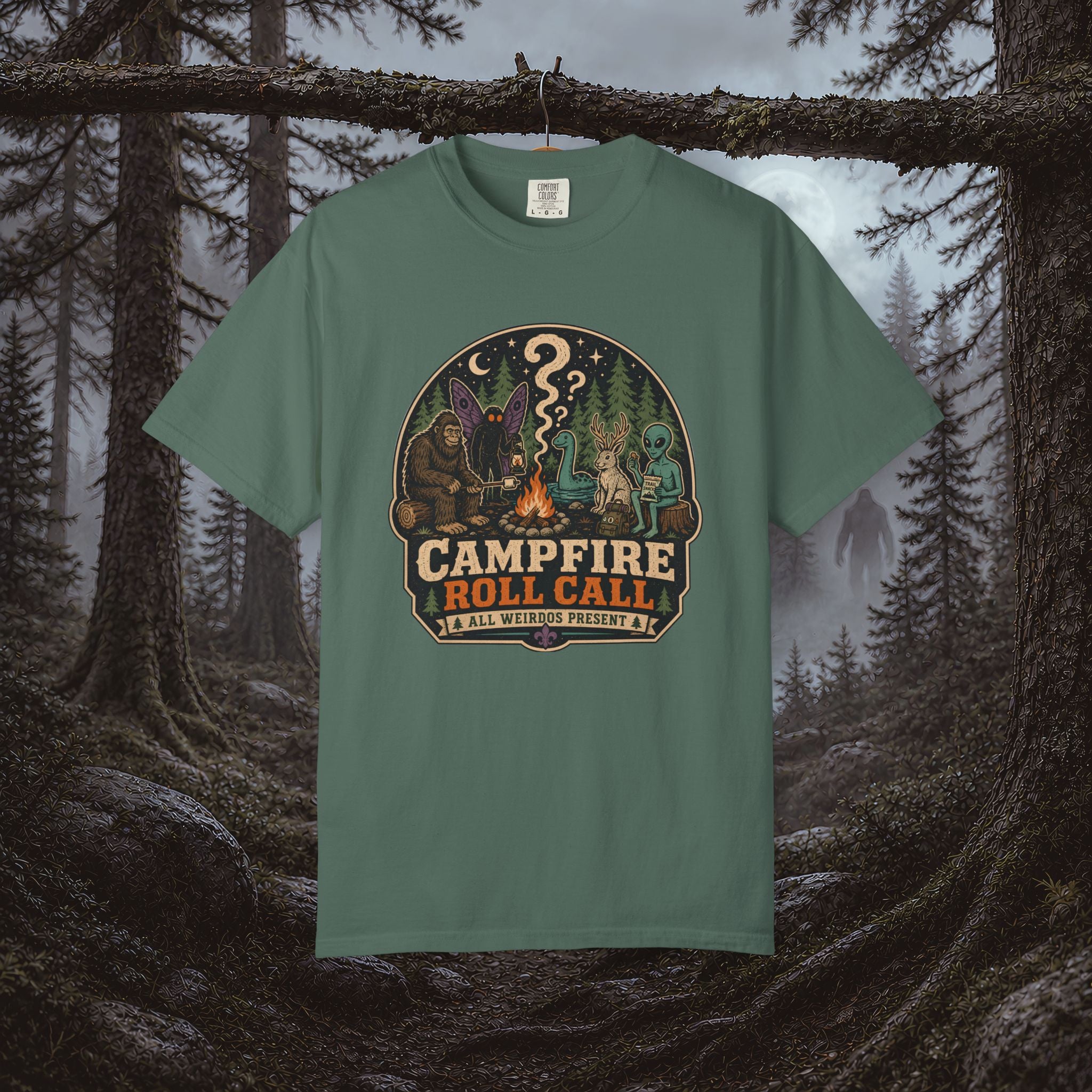 Campfire Cryptid Roll Call T-Shirt — Vintage Camping Patch Graphic