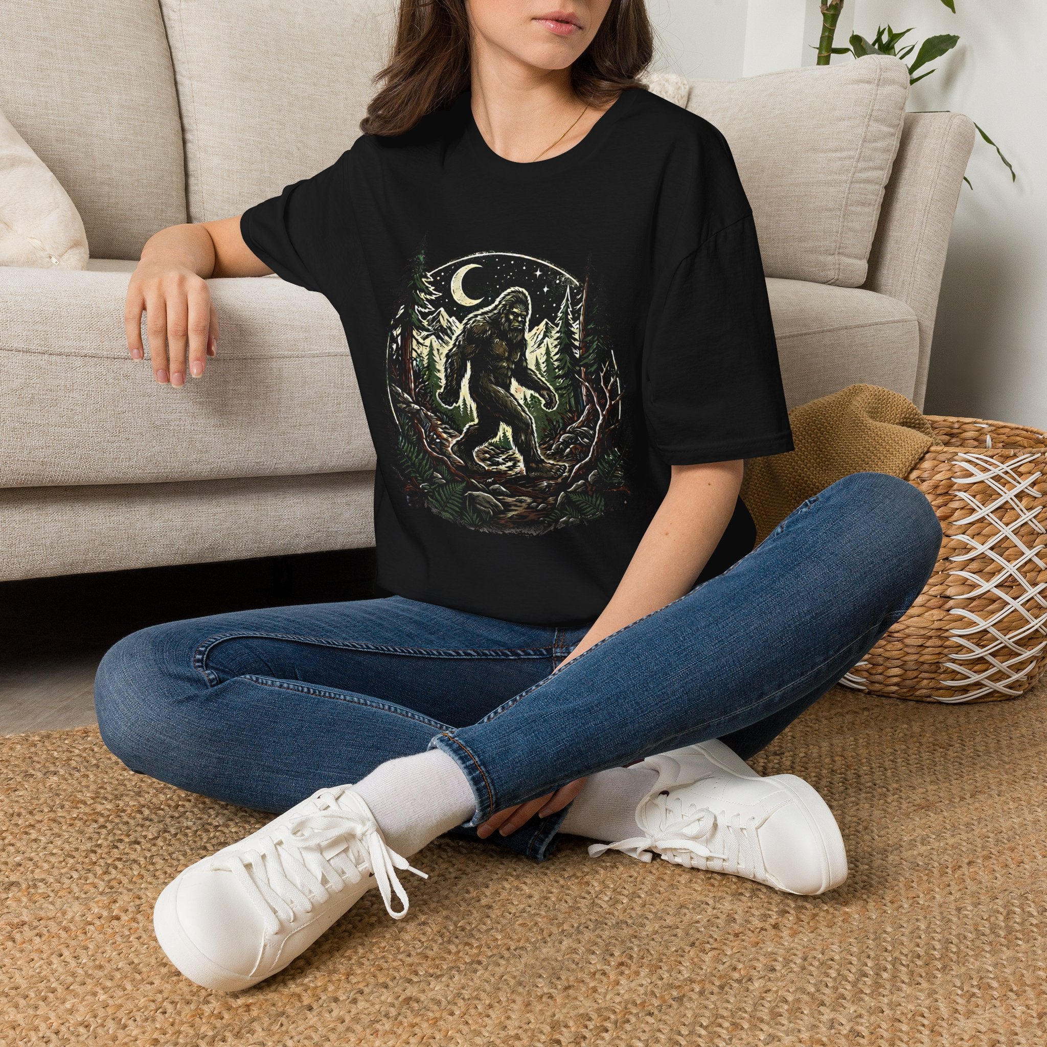 Bigfoot Forest Moon T-Shirt | Sasquatch Night Hiking Design