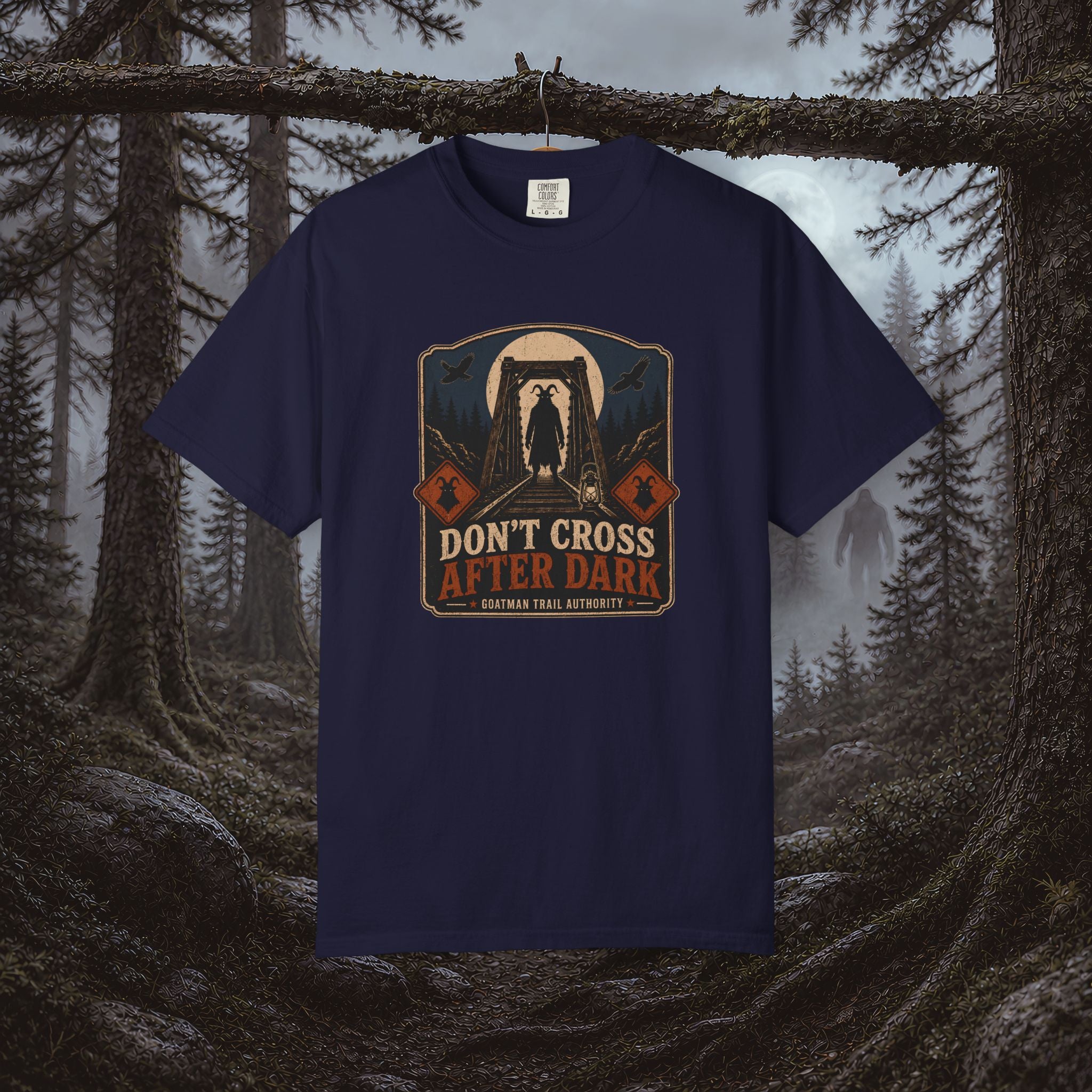 Goatman Adventure Tee — "Don’t Cross After Dark" Cryptid Graphic T-Shirt