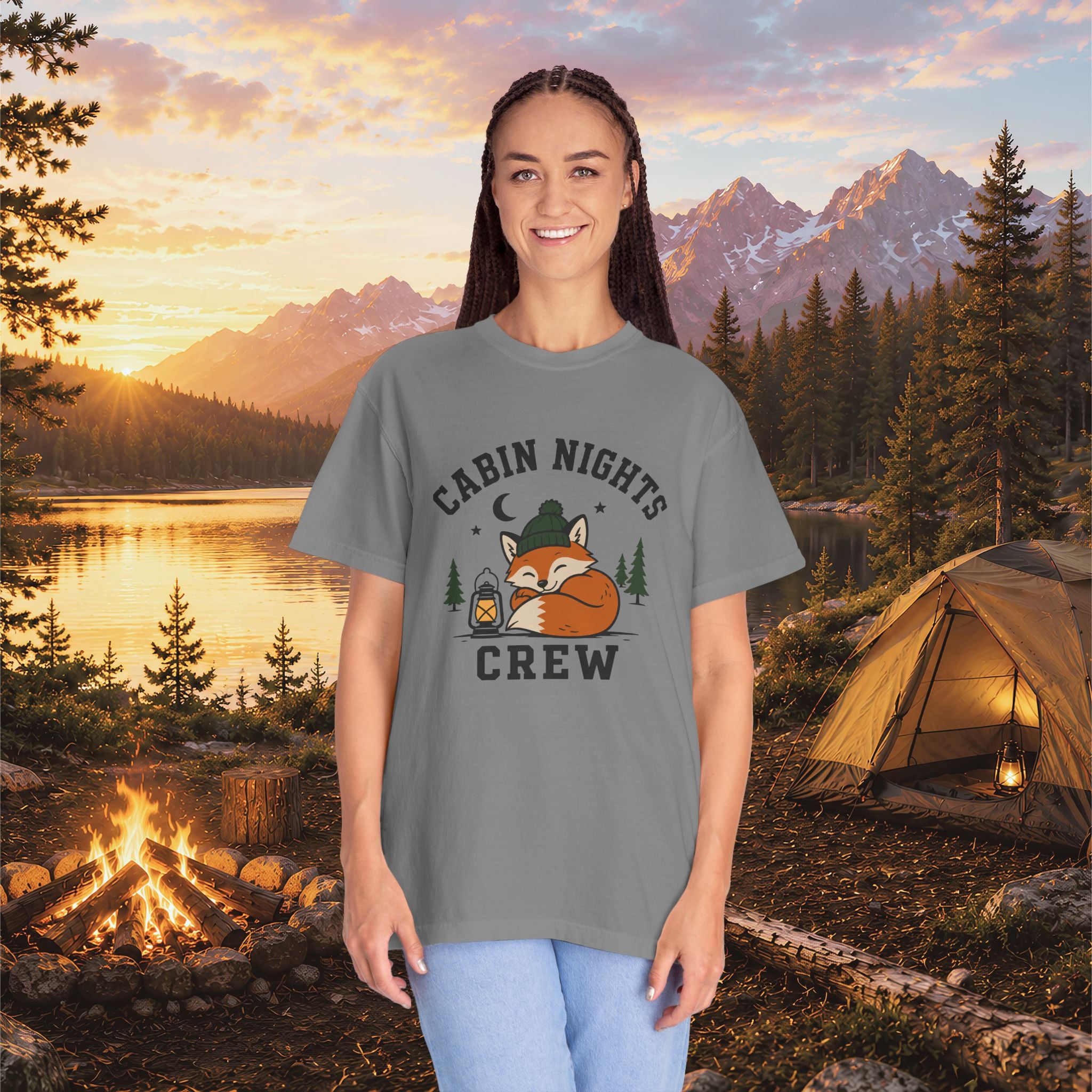 Cabin Nights Crew T-Shirt — Cozy Fox Camping Tee