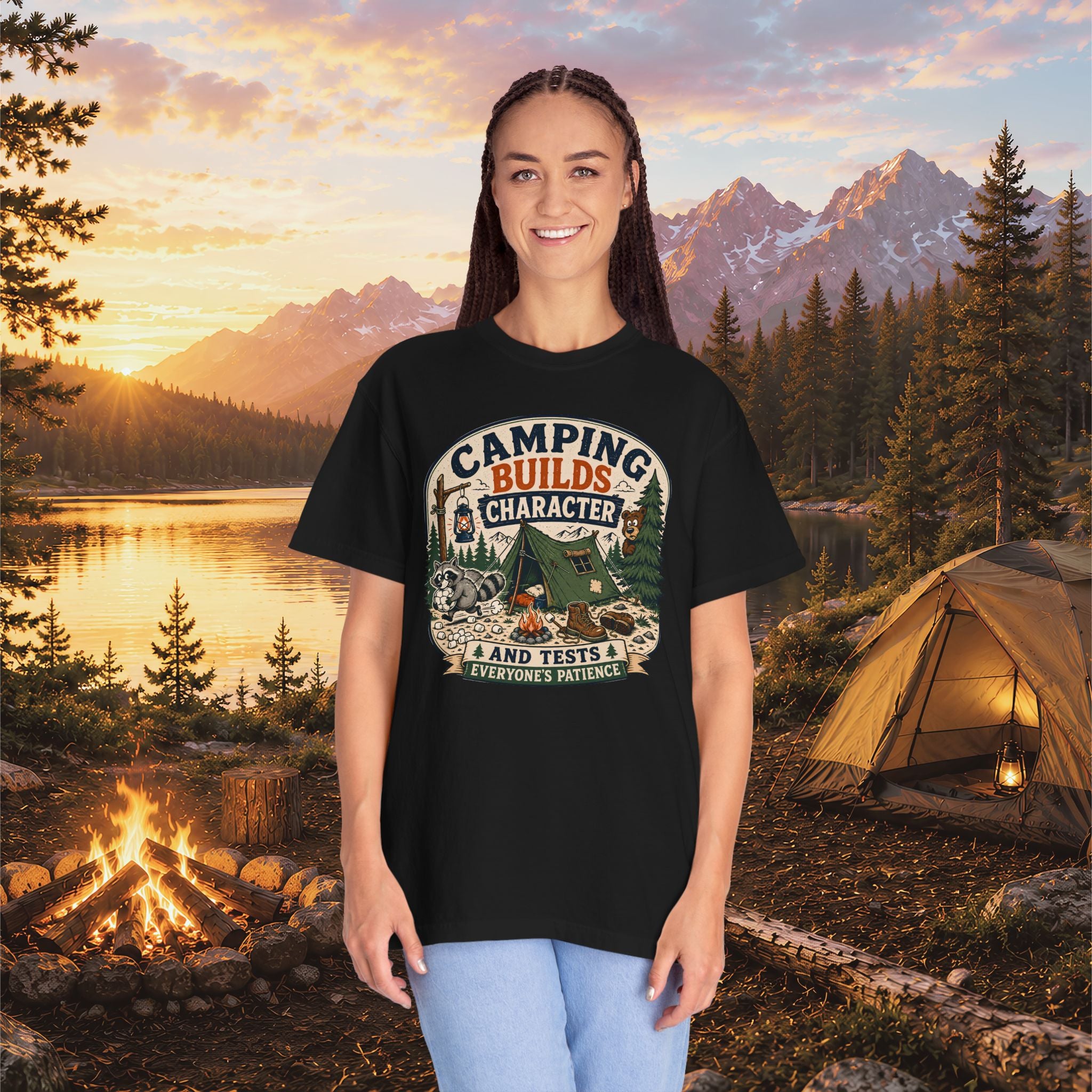 Camping Builds Character T-Shirt — Vintage Tent, Forest & Campfire Outdoor Tee