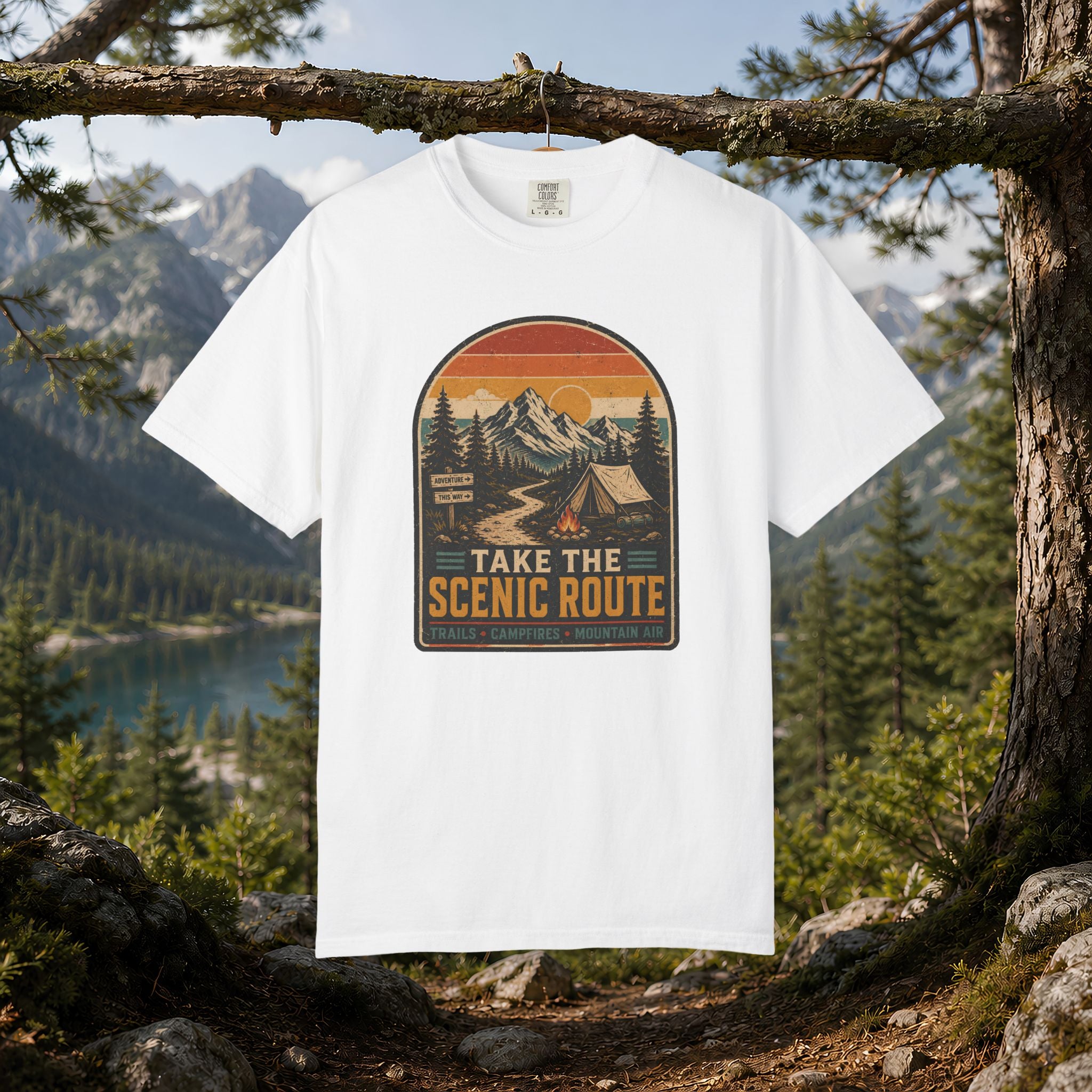 Scenic Route Camping T-Shirt — Retro Mountains & Tent Outdoor Tee
