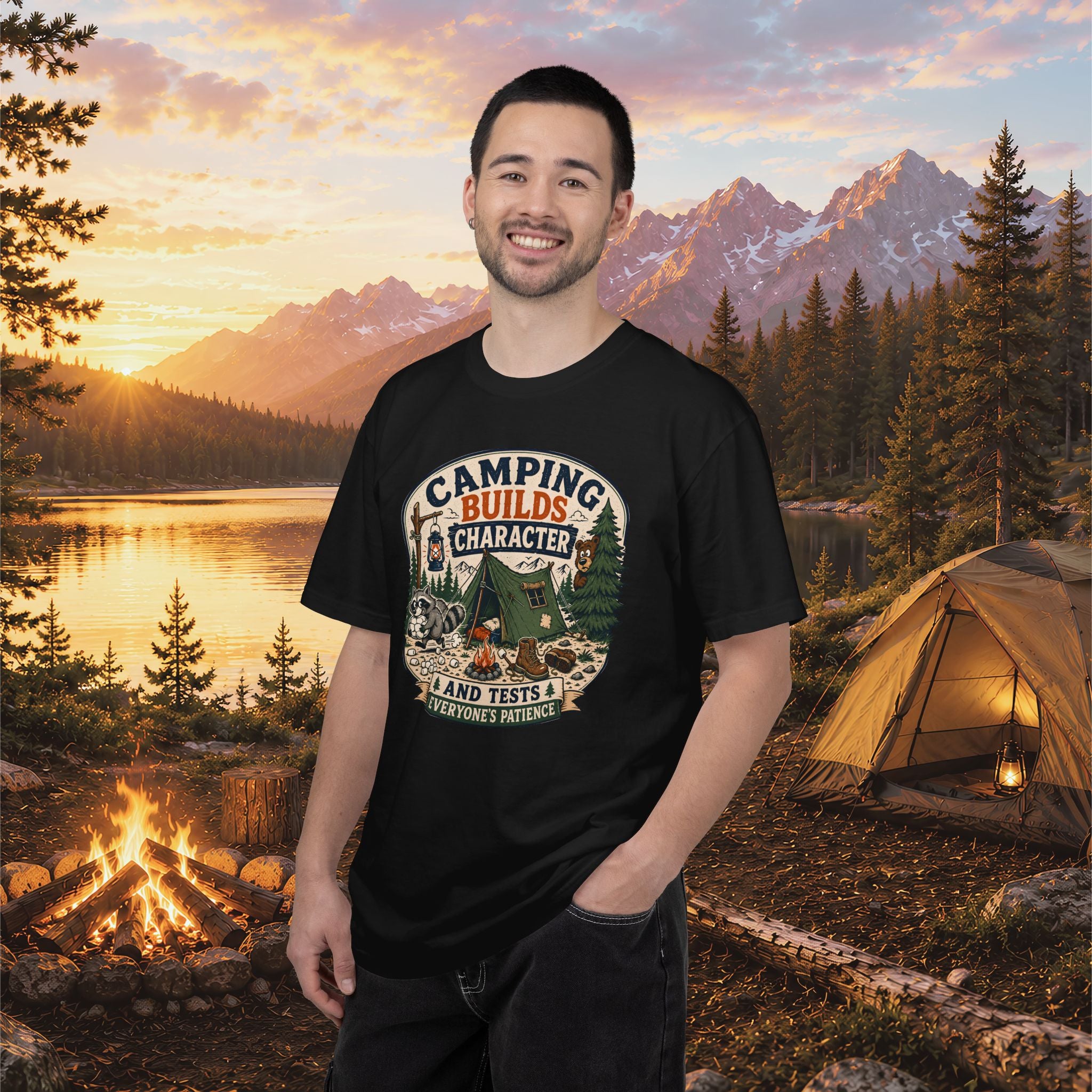 Camping Builds Character T-Shirt — Vintage Tent, Forest & Campfire Outdoor Tee