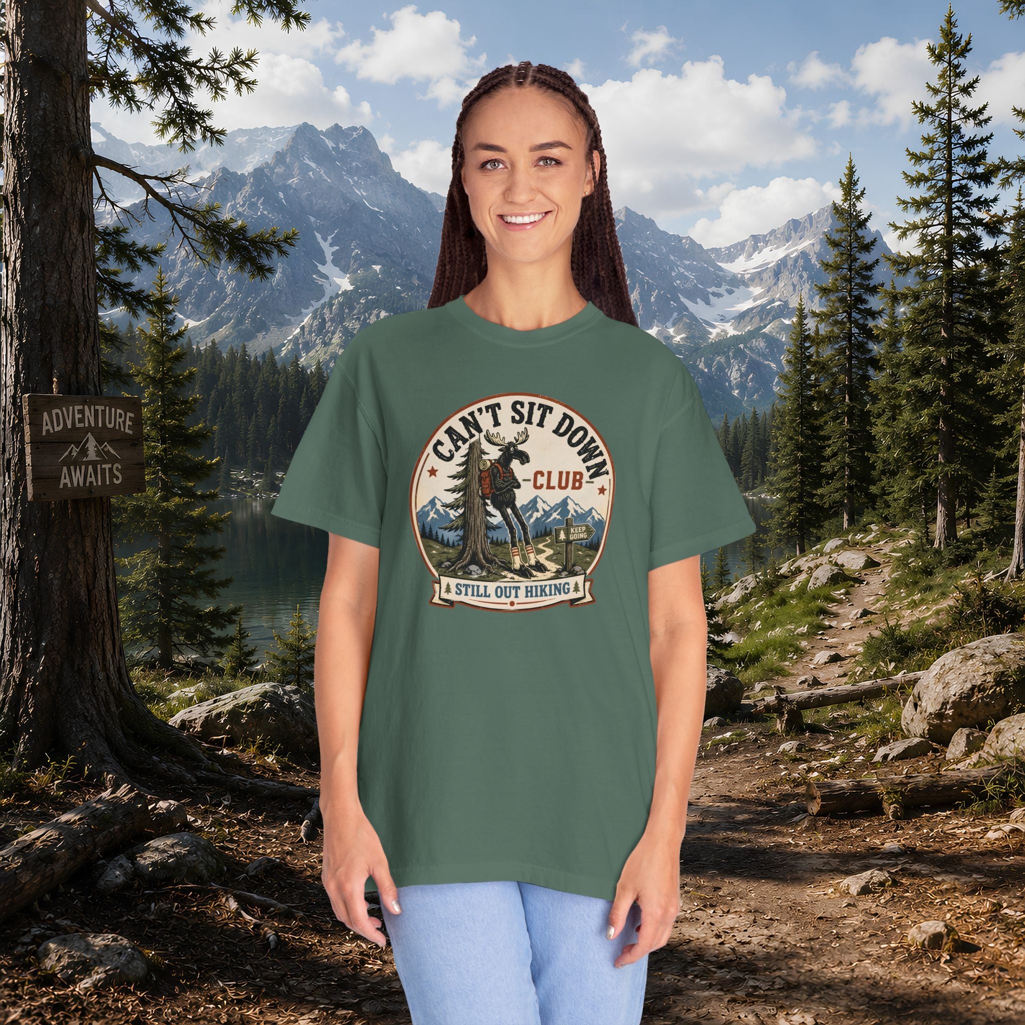 Hugag Hiking Tee — "Can't Sit Down Club" Vintage Mountain Cryptid Shirt