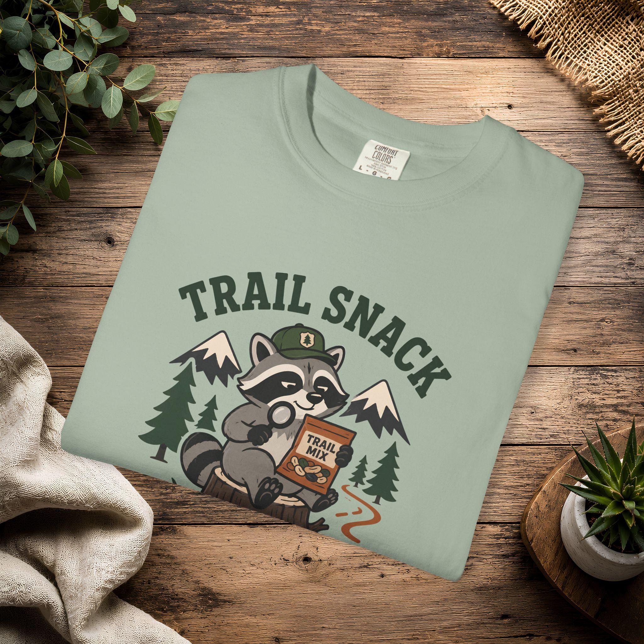 Trail Snack Inspector T-Shirt — Cute Raccoon Hiking Graphic Tee for Outdoor Lovers