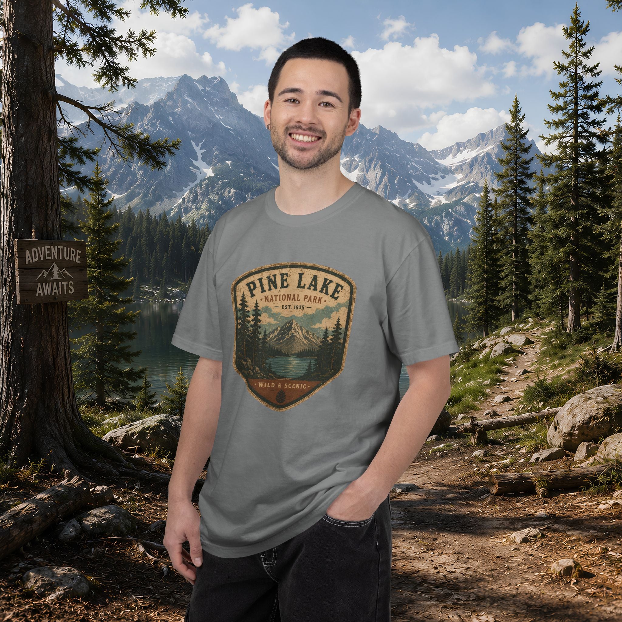 Pine Lake National Park Badge T-Shirt | Mountain Lake Forest Graphic