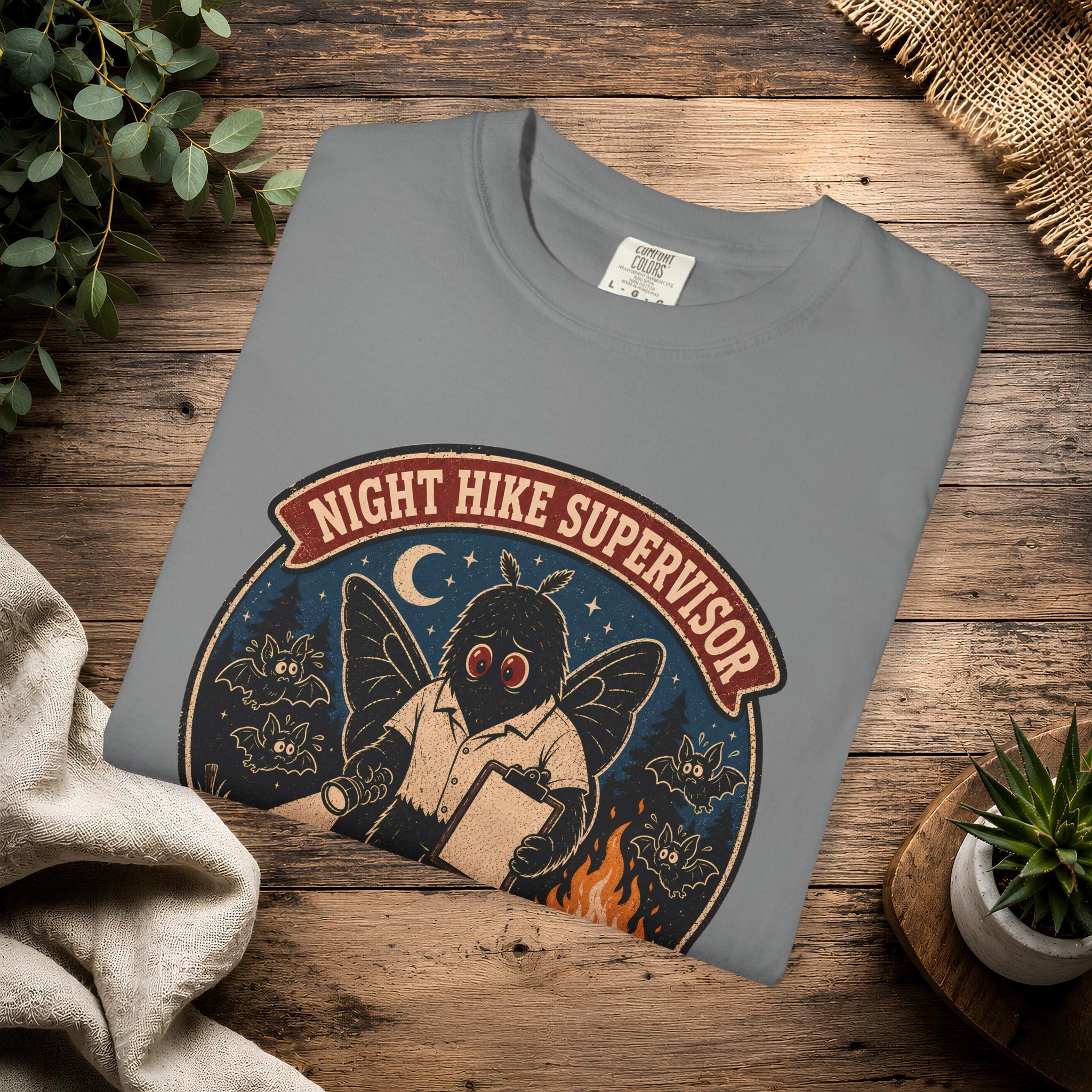 Night Hike Supervisor Mothman T‑Shirt — Camp Cryptid Retro Outdoor Badge