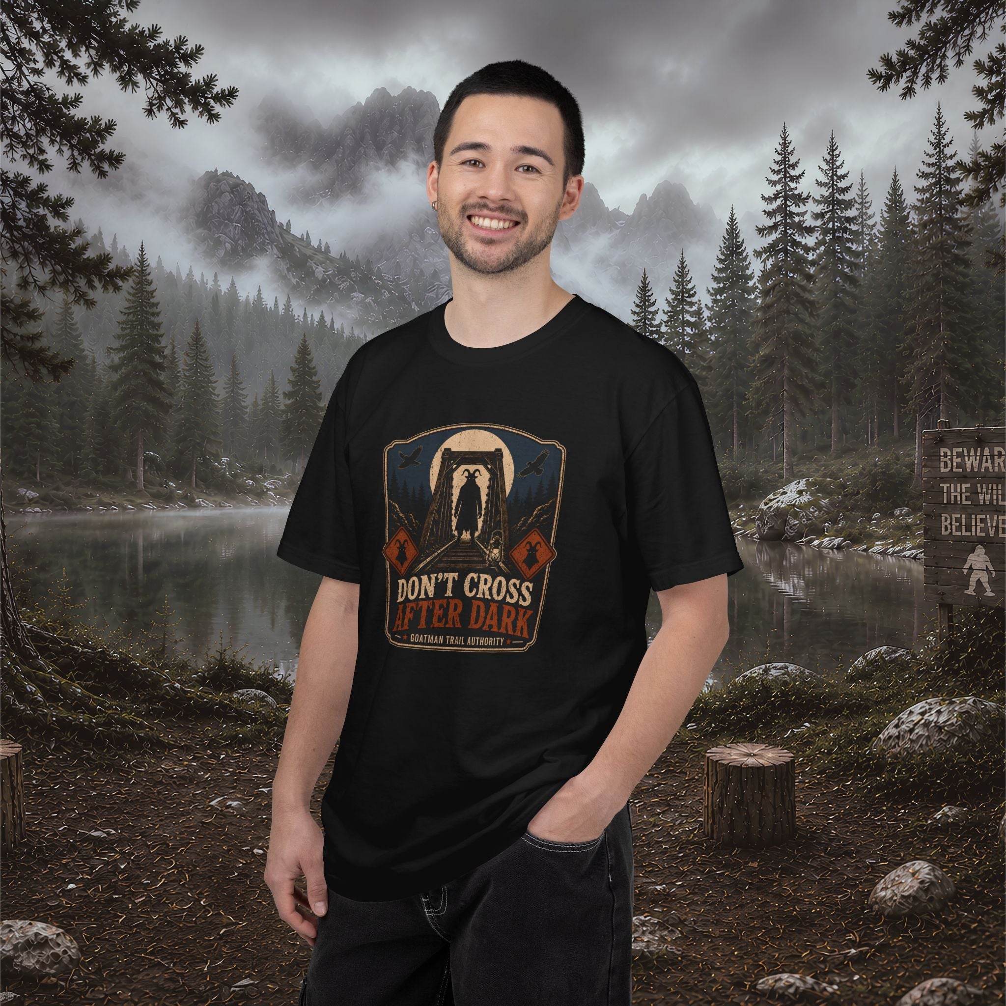 Goatman Adventure Tee — "Don’t Cross After Dark" Cryptid Graphic T-Shirt