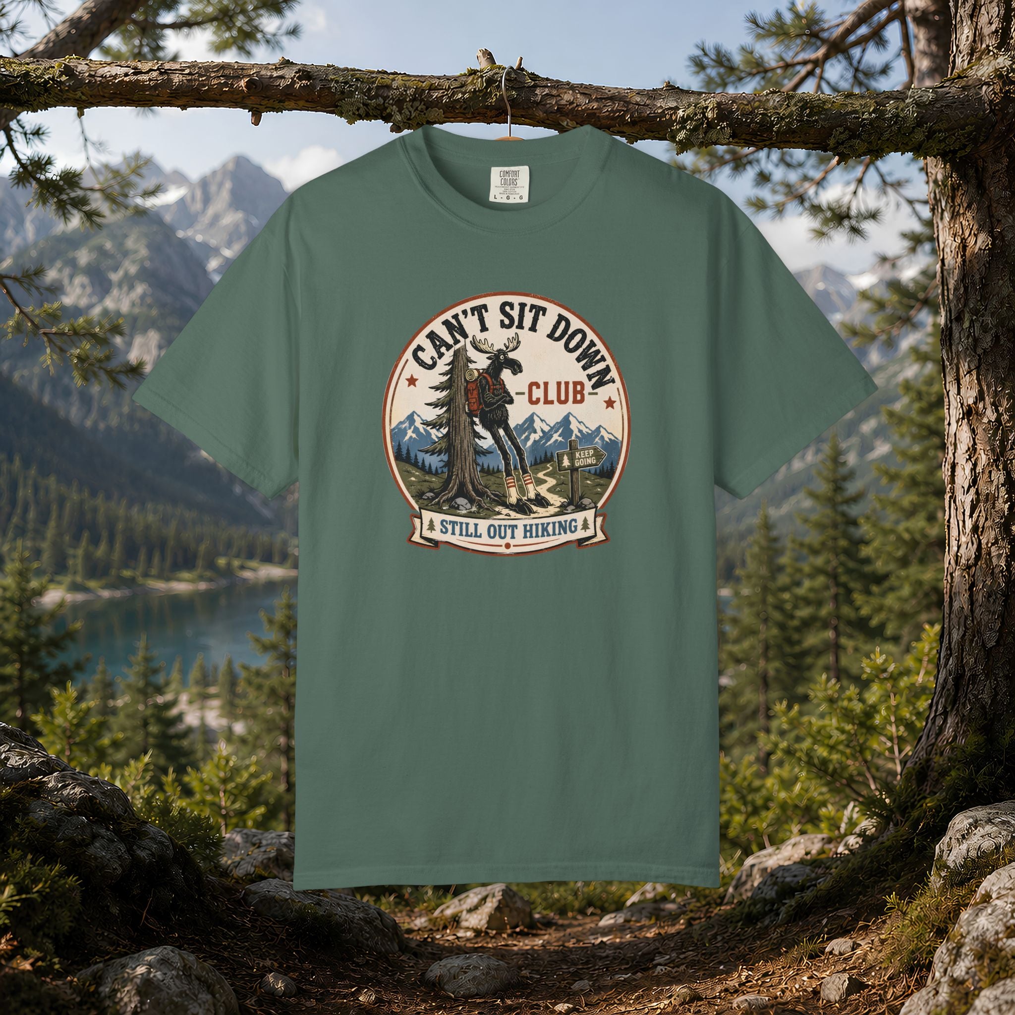 Hugag Hiking Tee — "Can't Sit Down Club" Vintage Mountain Cryptid Shirt