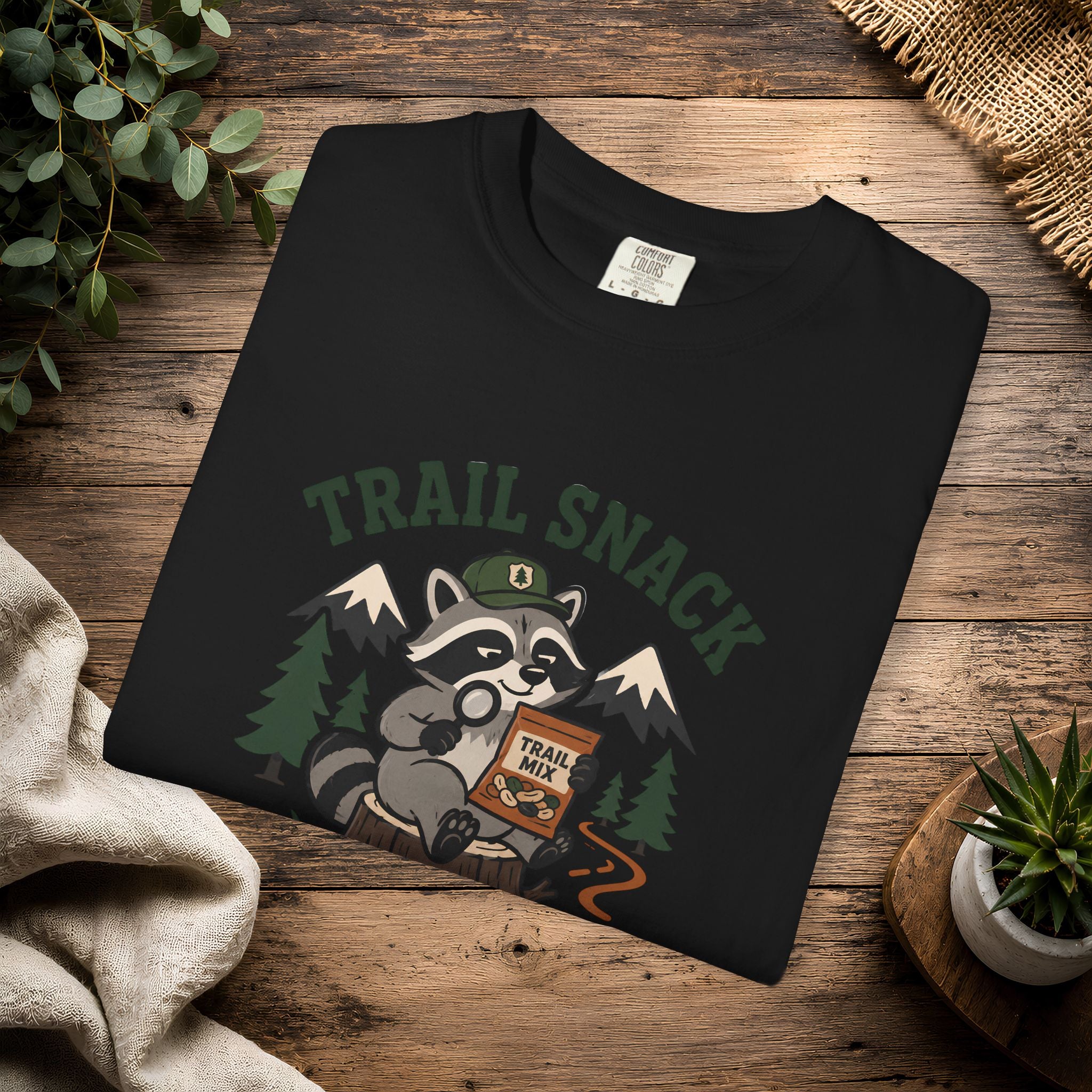Trail Snack Inspector T-Shirt — Cute Raccoon Hiking Graphic Tee for Outdoor Lovers