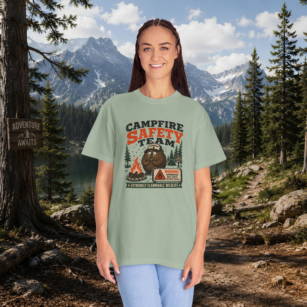 Gumberoo Campfire Safety Tee — Bear Cryptid Patch Graphic