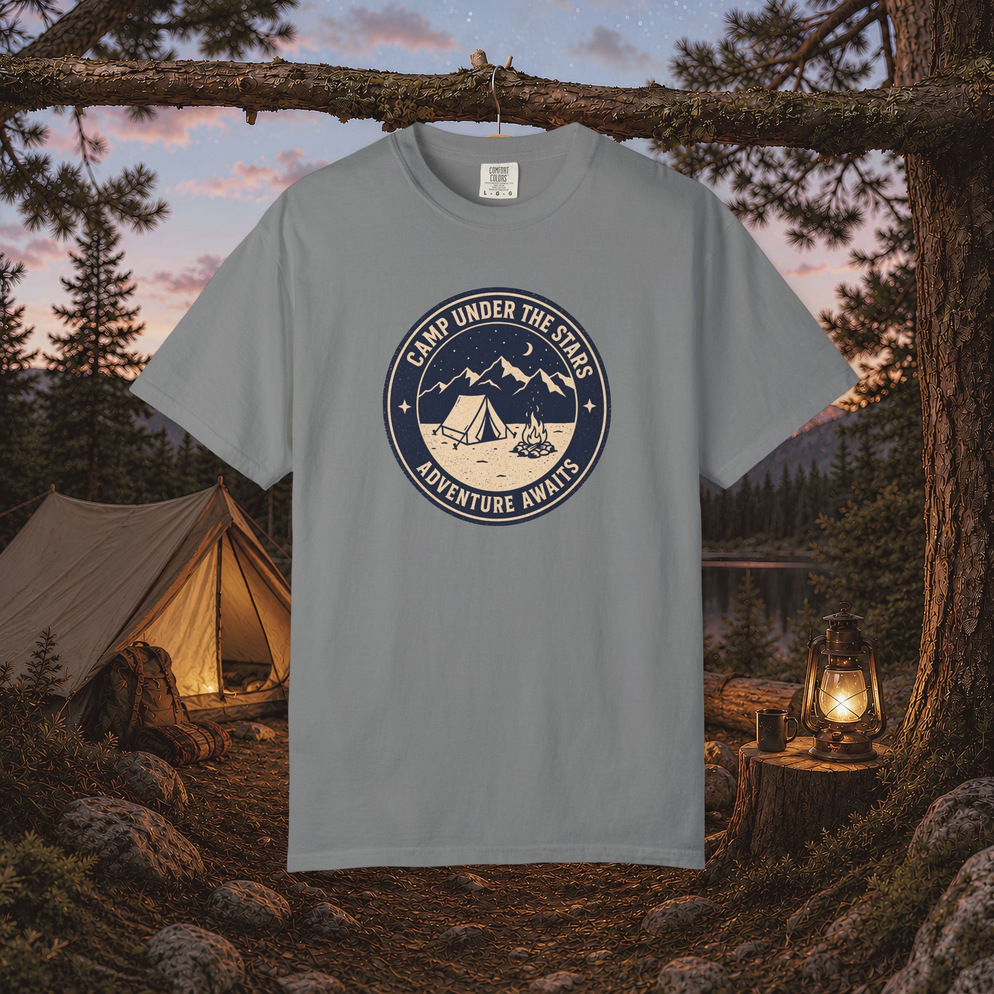 Mountain Camping Circle Art T-shirt | Tent Campfire Outdoors Tee