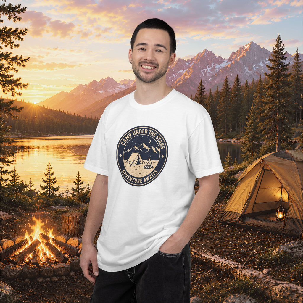 Mountain Camping Circle Art T-shirt | Tent Campfire Outdoors Tee