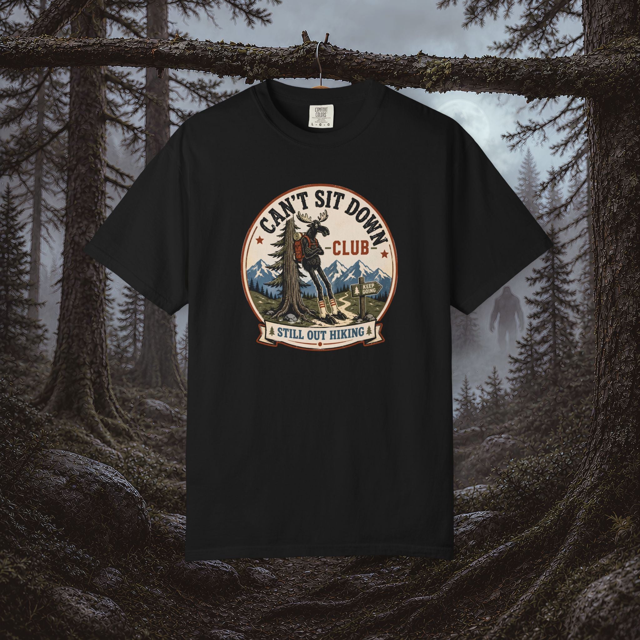 Hugag Hiking Tee — "Can't Sit Down Club" Vintage Mountain Cryptid Shirt