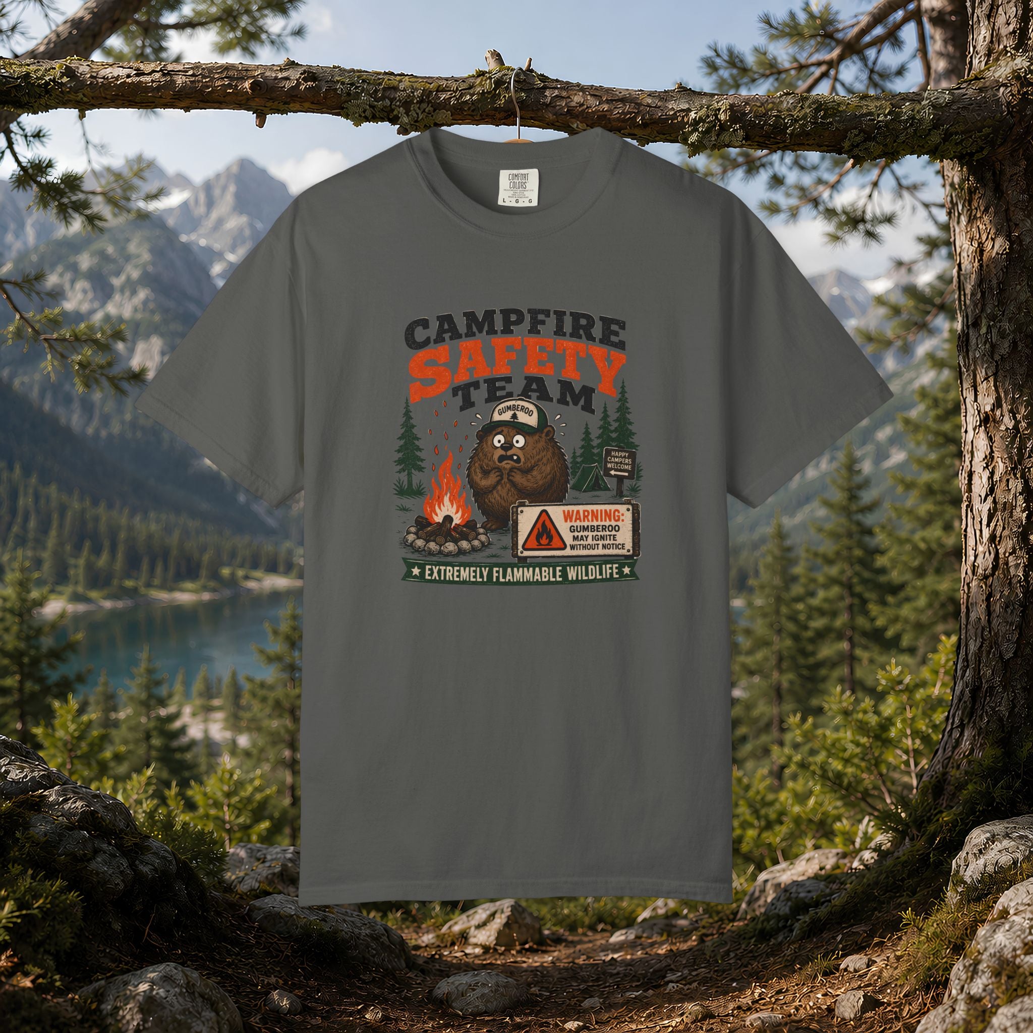 Gumberoo Campfire Safety Tee — Bear Cryptid Patch Graphic