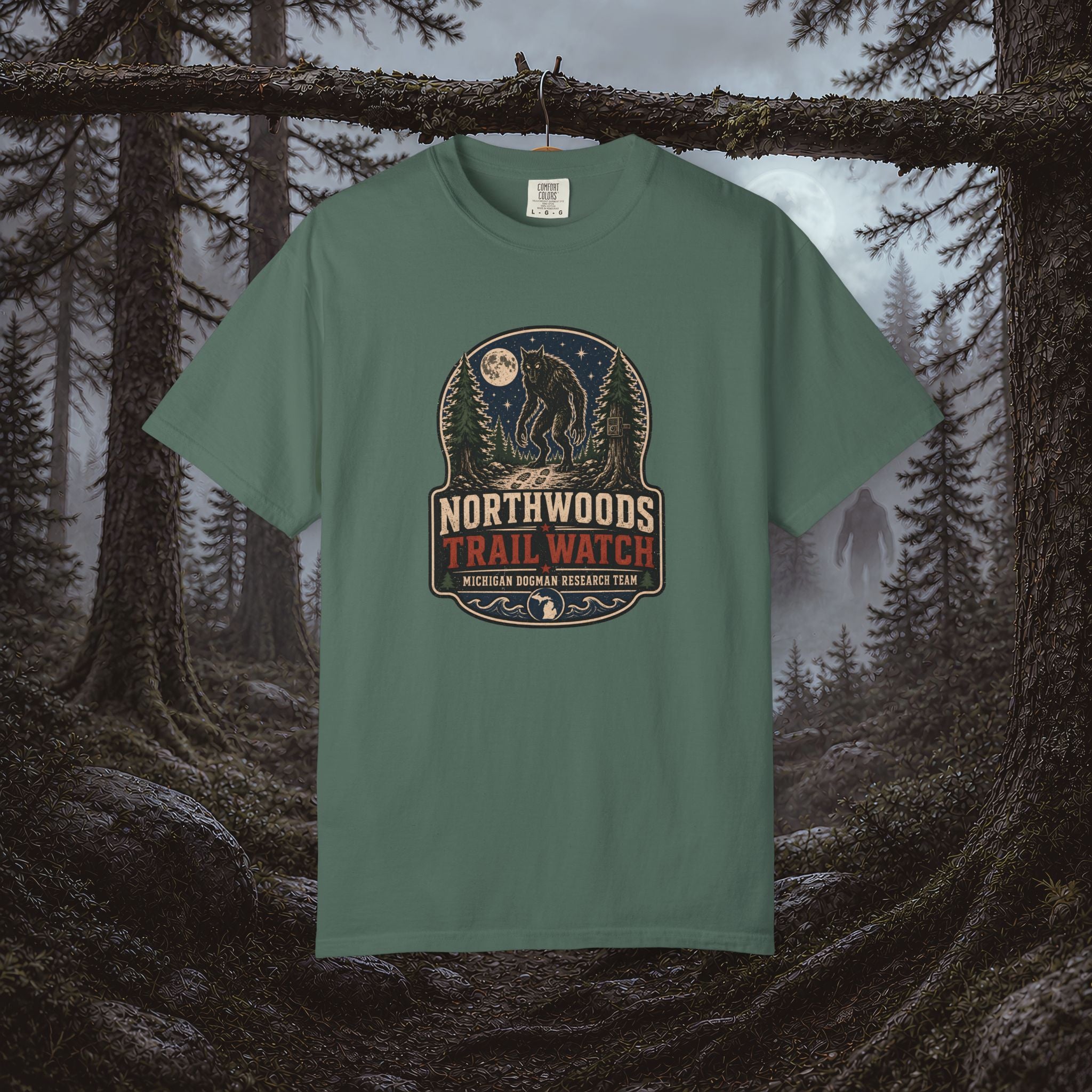 Michigan Dogman Patch T-Shirt — Retro Cryptid Trail Tee