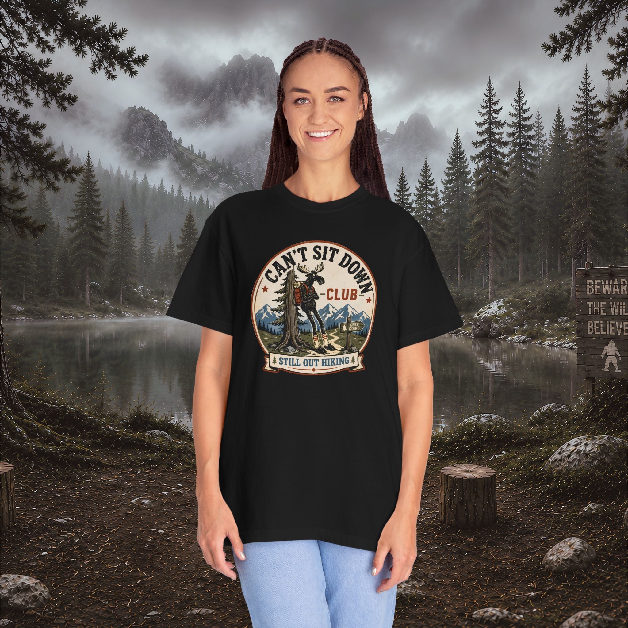 Hugag Hiking Tee — "Can't Sit Down Club" Vintage Mountain Cryptid Shirt
